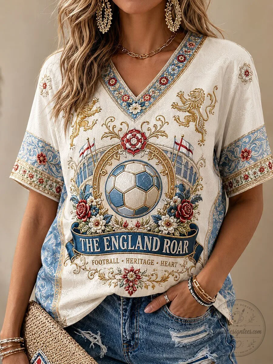 England Football Lion Crest Graphic V-Neck Short Sleeve T-Shirt