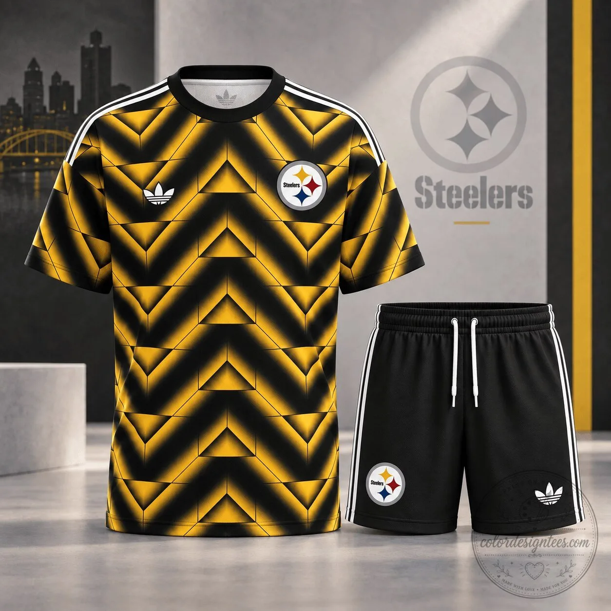 Pittsburgh Steelers Geometric Black and Gold Performance Football Jersey and Shorts Set