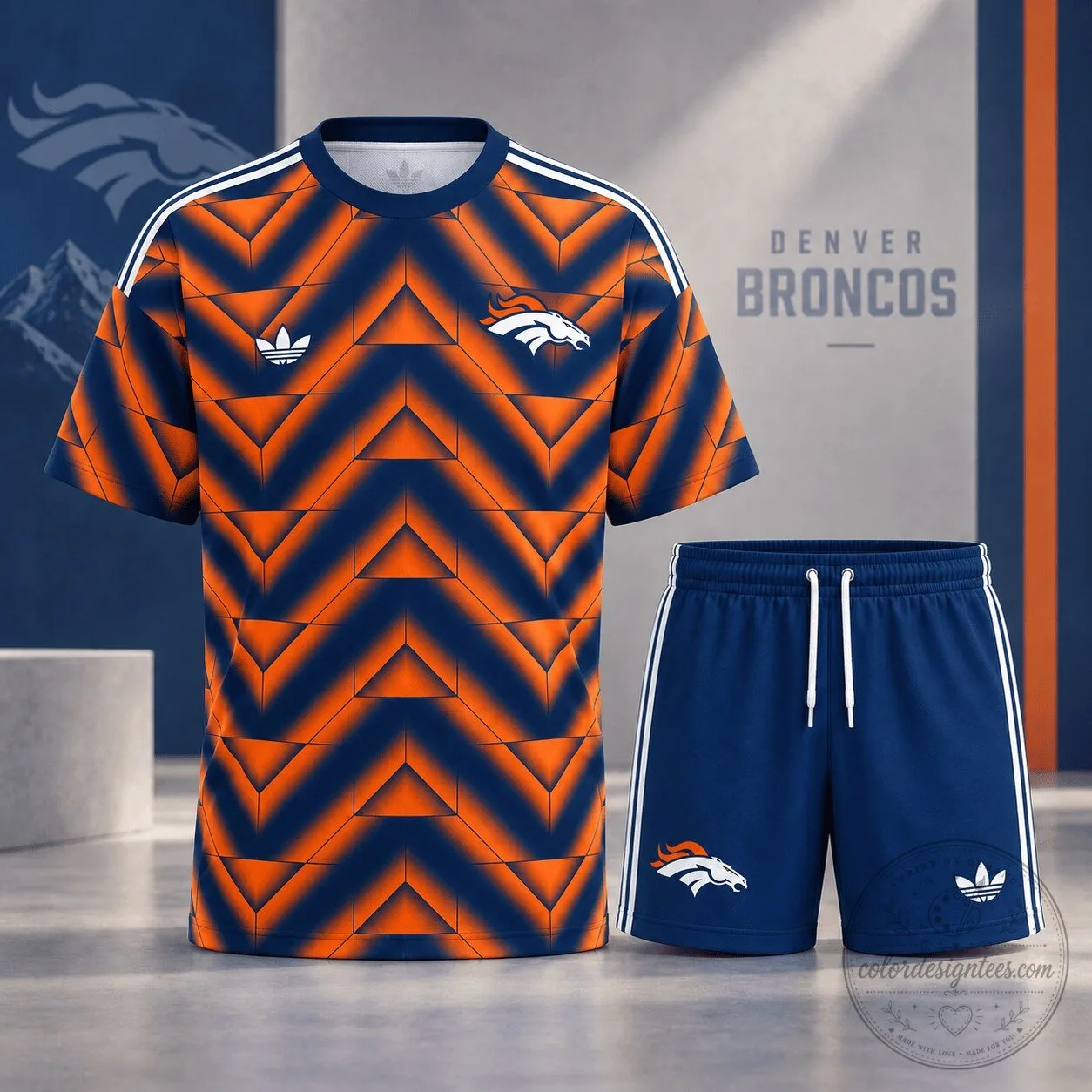 Denver Broncos NFL Football Team Geometric Pattern Performance Shirt and Shorts Set