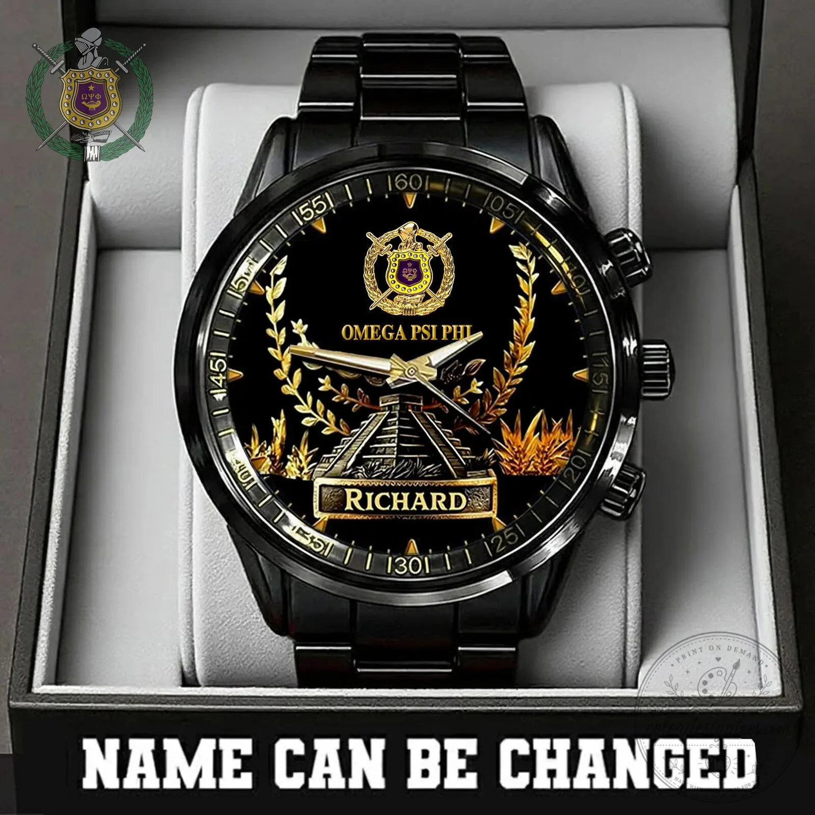 Omega Psi Phi Fraternity Personalized Black Chronograph Watch