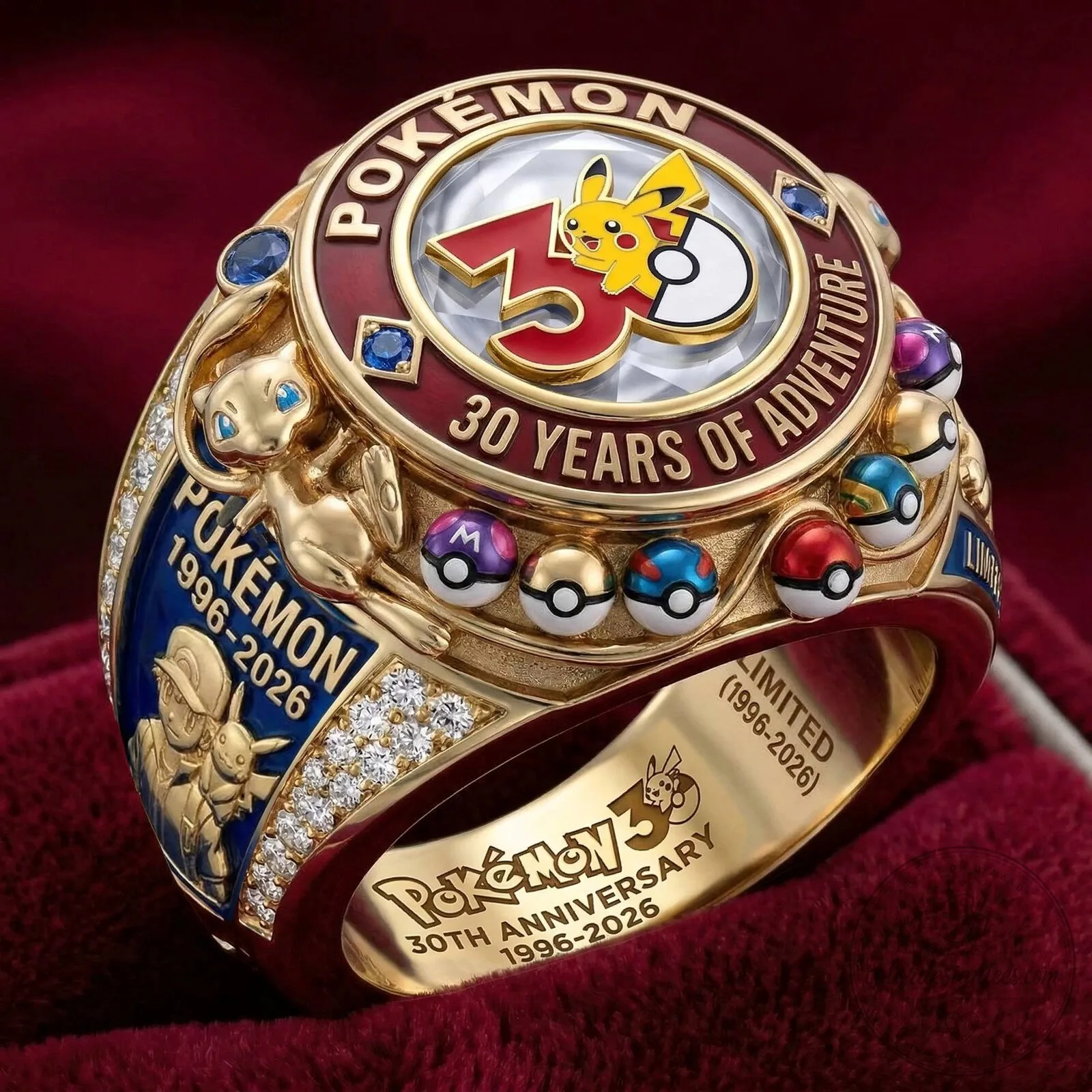 Pokemon 30th Anniversary Pikachu Mewtwo Gold Ring