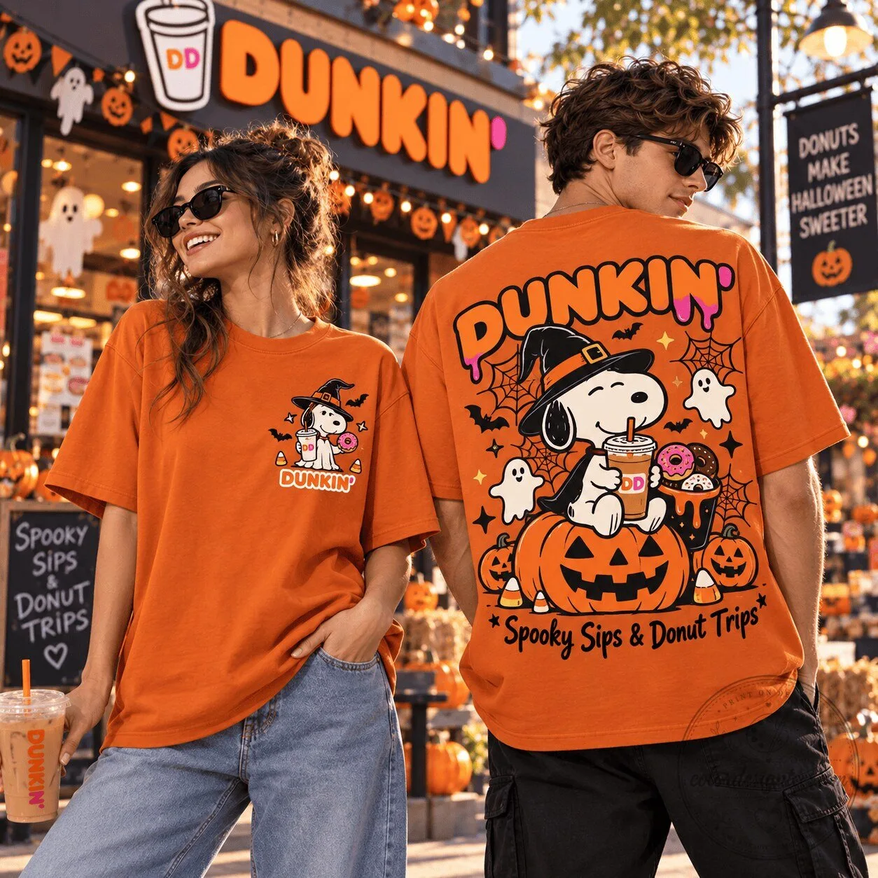Snoopy Dunkin Donuts Halloween Witch Pumpkin Ghost Spooky Sips Donut Trips T-Shirt