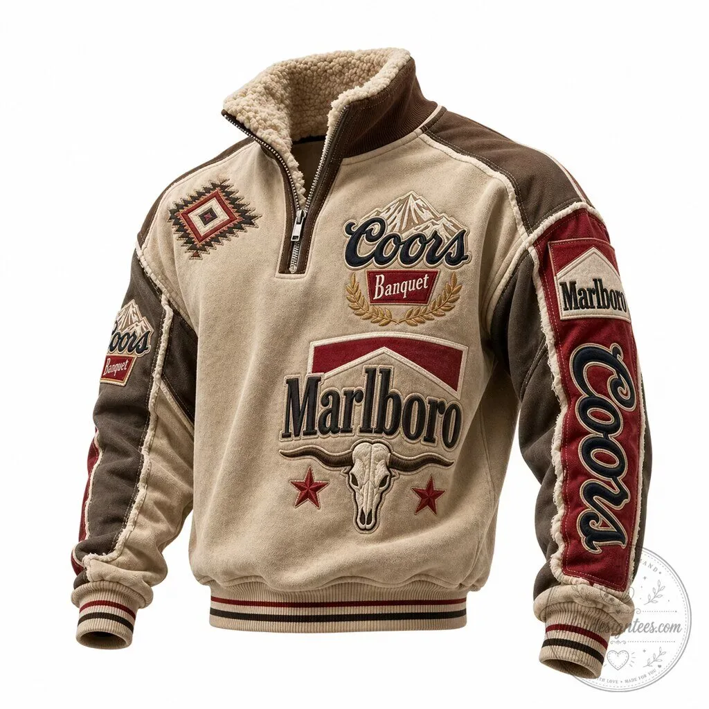 Vintage Western Style Quarter Zip Sweatshirt for Marlboro Coors Banquet Beer Fans