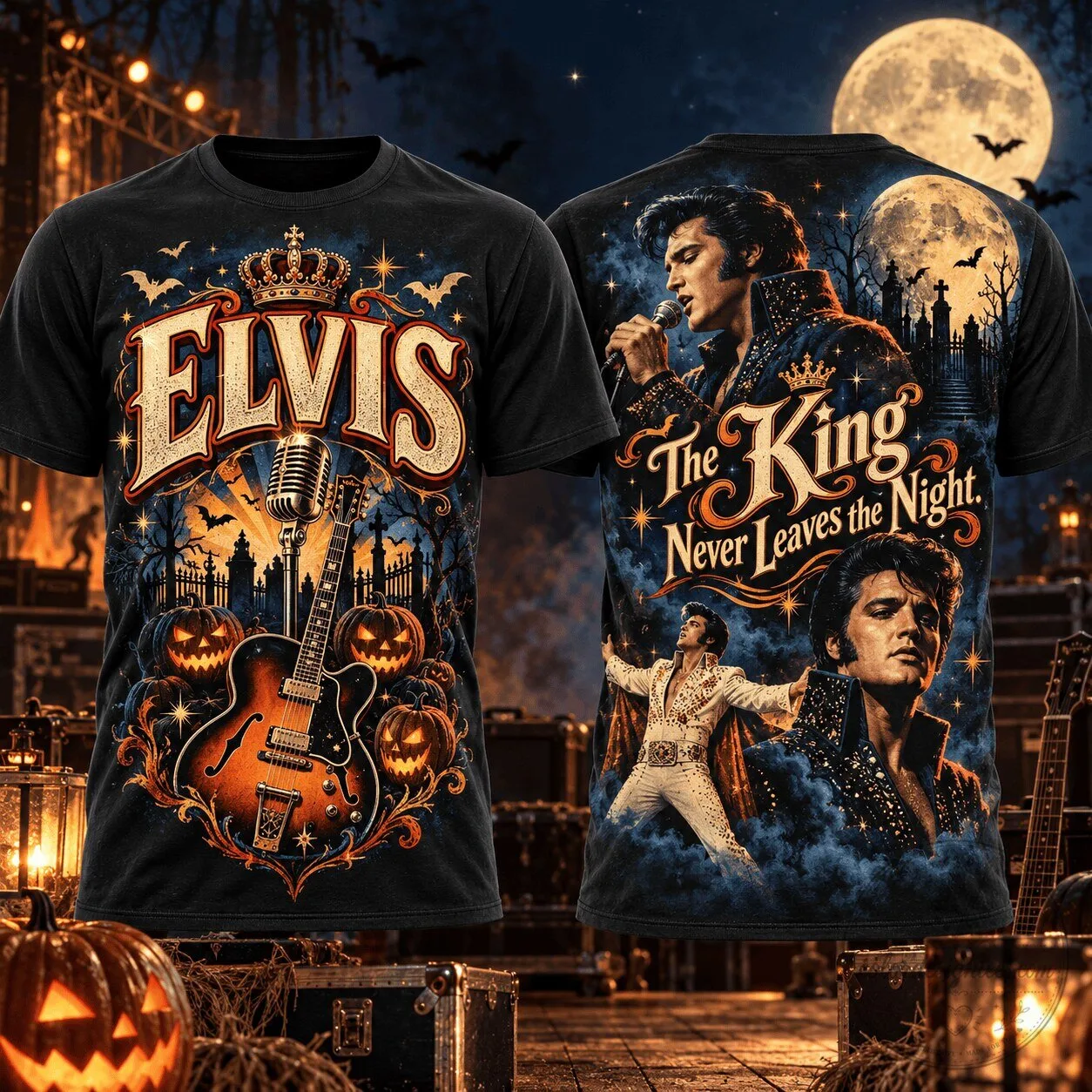 Elvis Presley The King Never Leaves The Night Halloween Guitar T-Shirt
