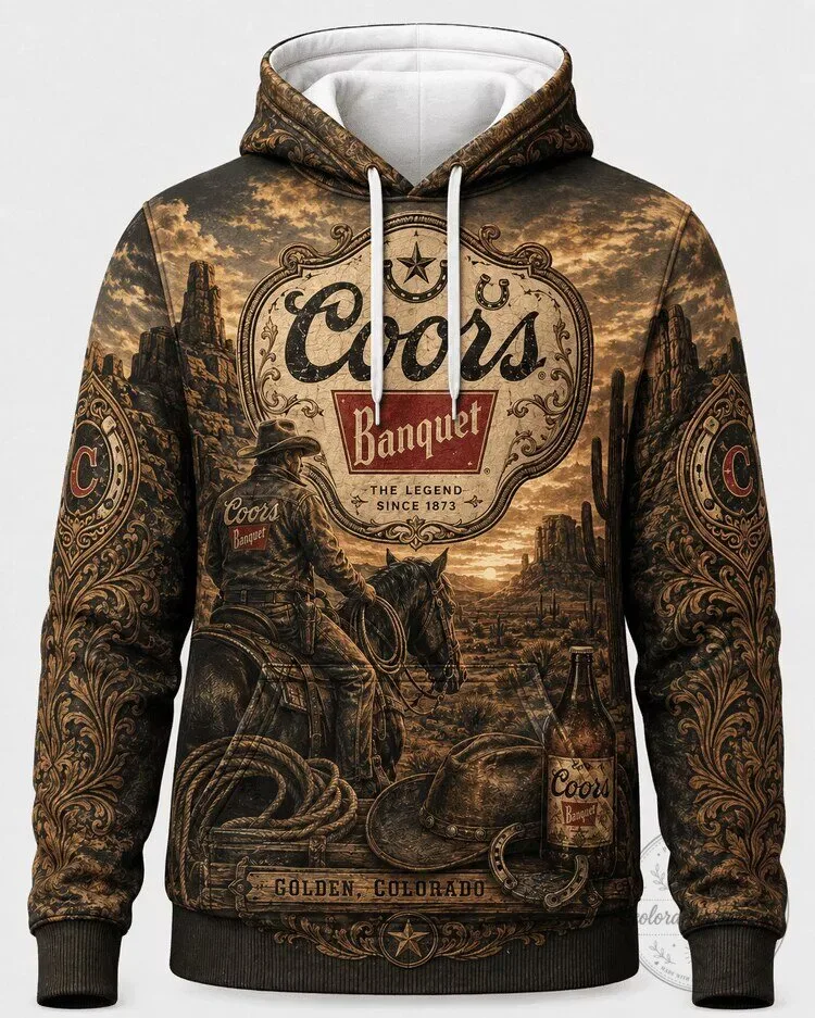 Coors Banquet Beer Vintage Western Cowboy Landscape Full Print Hoodie