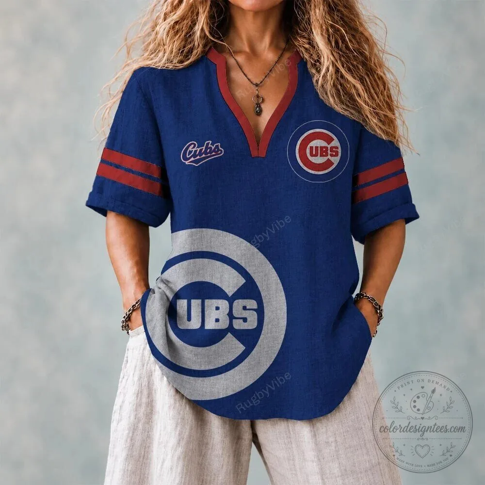 Chicago Cubs Baseball Team Logo Blue and Red Short Sleeve Polo Shirt