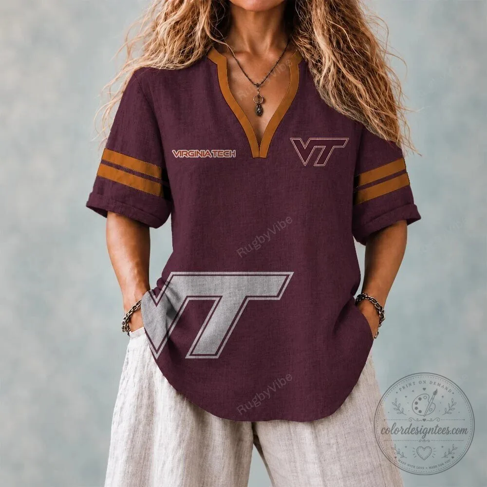 Virginia Tech Hokies Football Team Maroon and Orange V-Neck T-Shirt