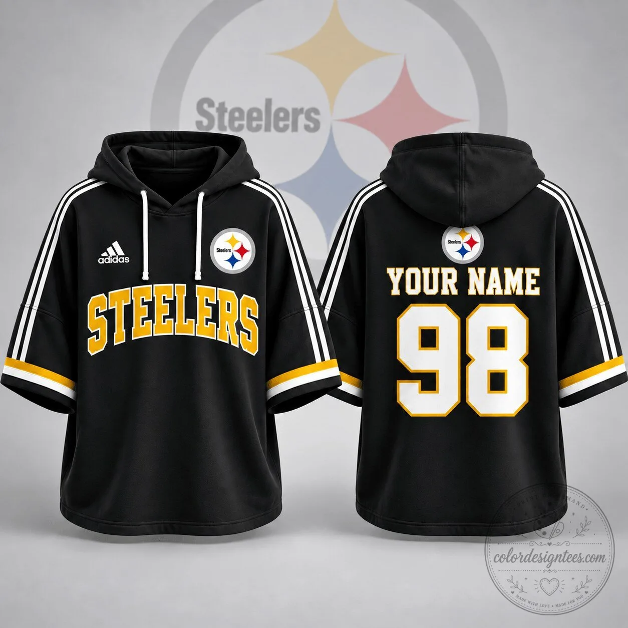 Pittsburgh Steelers Adidas Custom Name Number Short Sleeve Hoodie