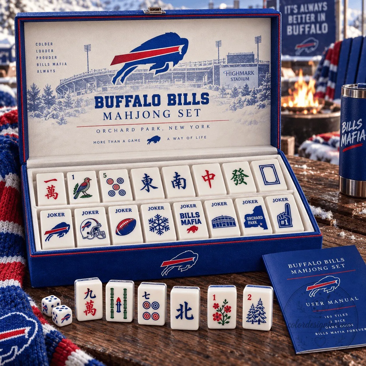 Buffalo Bills NFL Football Team Mahjong Game Set with 160 Tiles and Dice