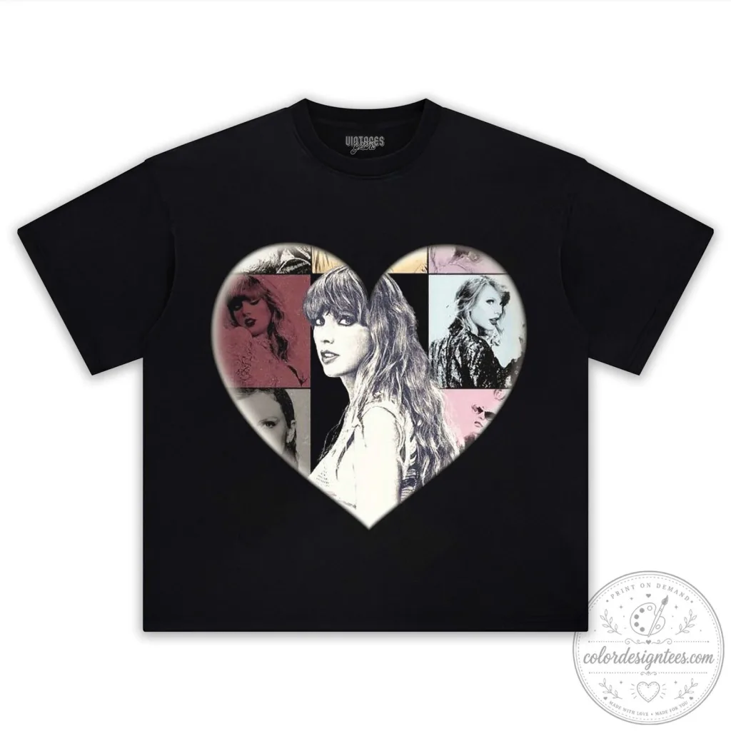 Taylor Swift Heart Collage Black Graphic T-Shirt Taylor Swift Heart Collage Black Graphic T-Shirt