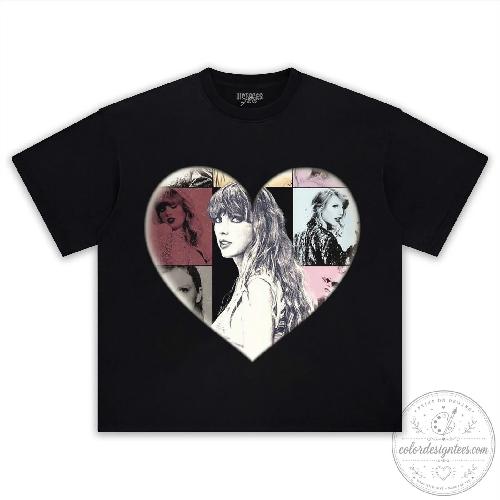 Taylor Swift Heart Collage Black Graphic T-Shirt