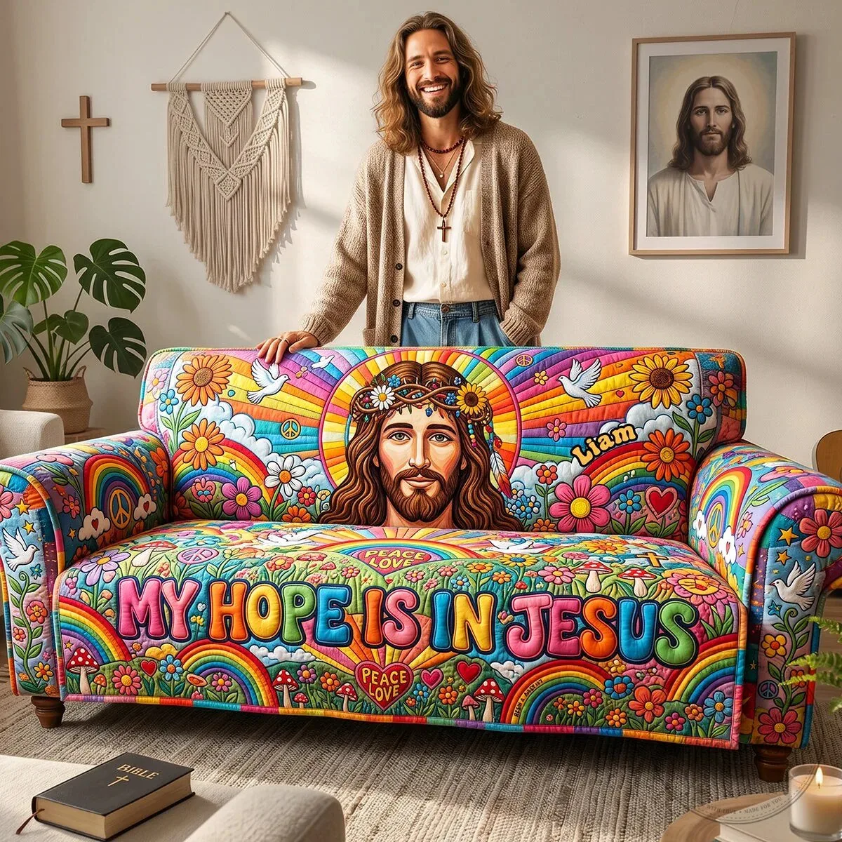 My Hope Is In Jesus Christ Quilted Sofa Cover, Christian Faith Couch Protector