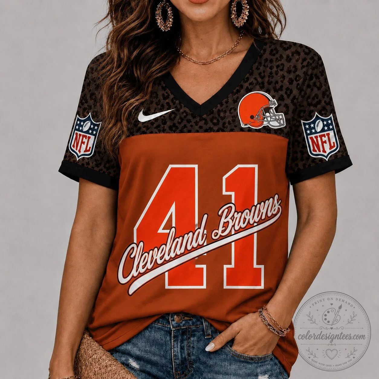 Cleveland Browns Football Team Leopard Print V-Neck Short Sleeve T-Shirt