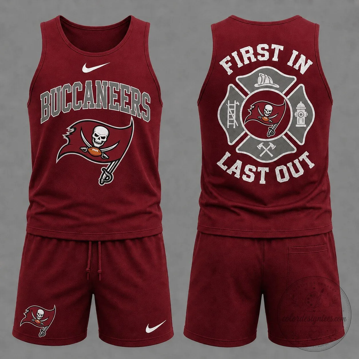 First In Last Out Tank Top and Shorts Set for Tampa Bay Buccaneers Firefighter Fans