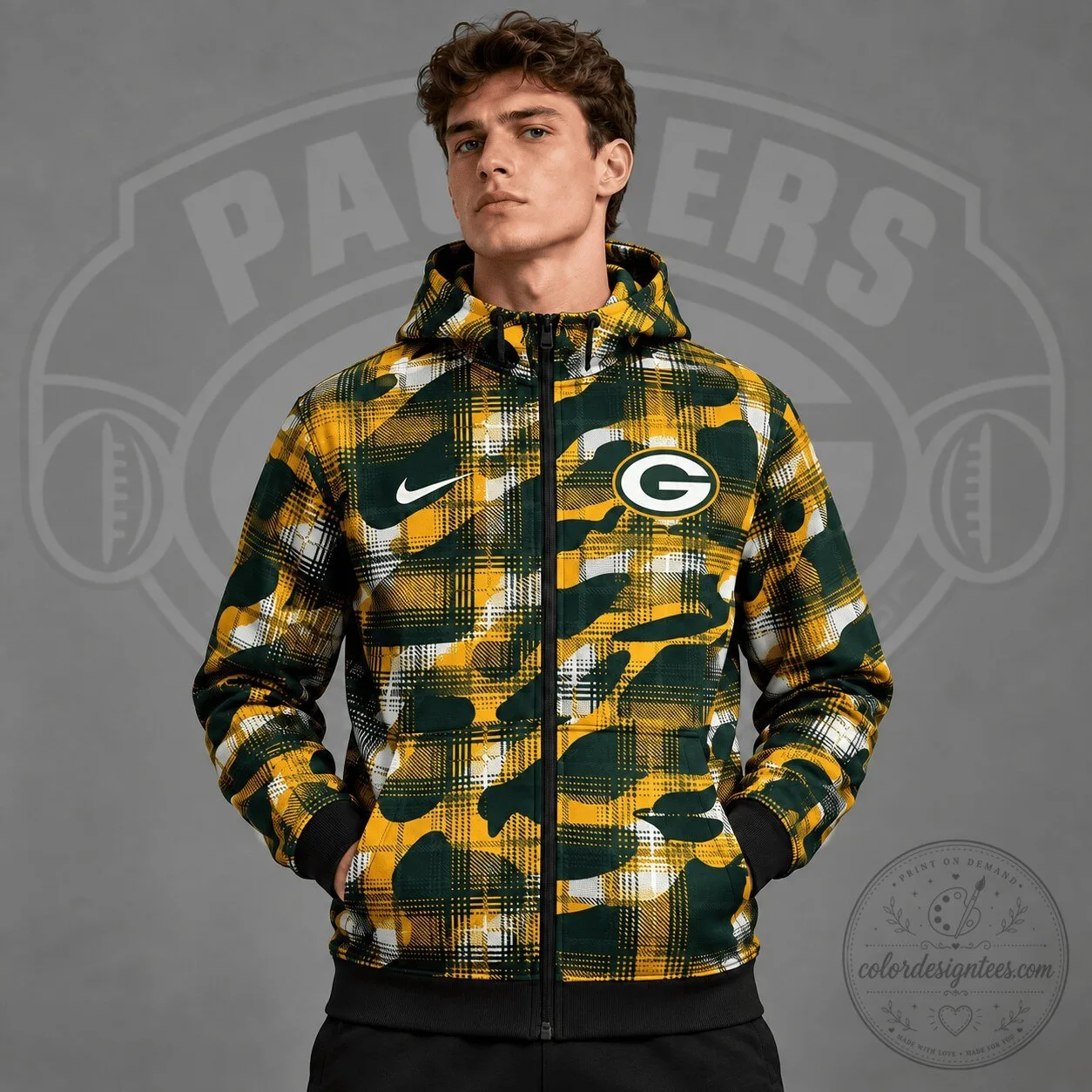 Green Bay Packers Plaid Camouflage Full Zip Hooded Sweatshirt