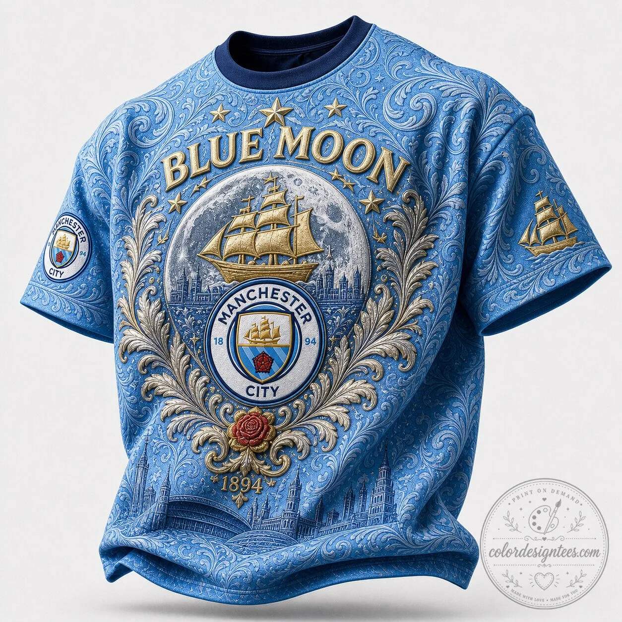 Manchester City Football Club Blue Moon Embossed Design T-Shirt