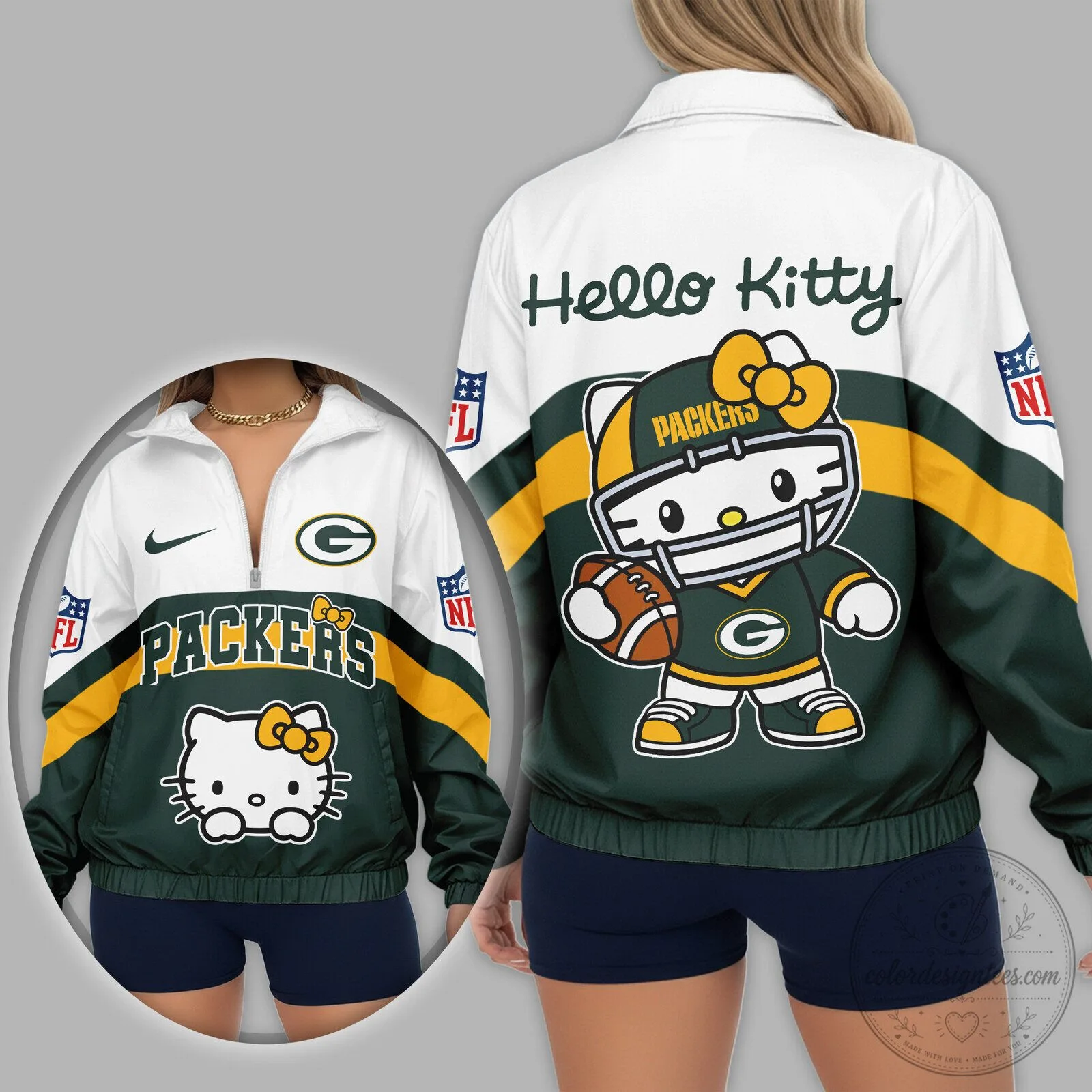 Green Bay Packers Hello Kitty Football Team Quarter Zip Jacket