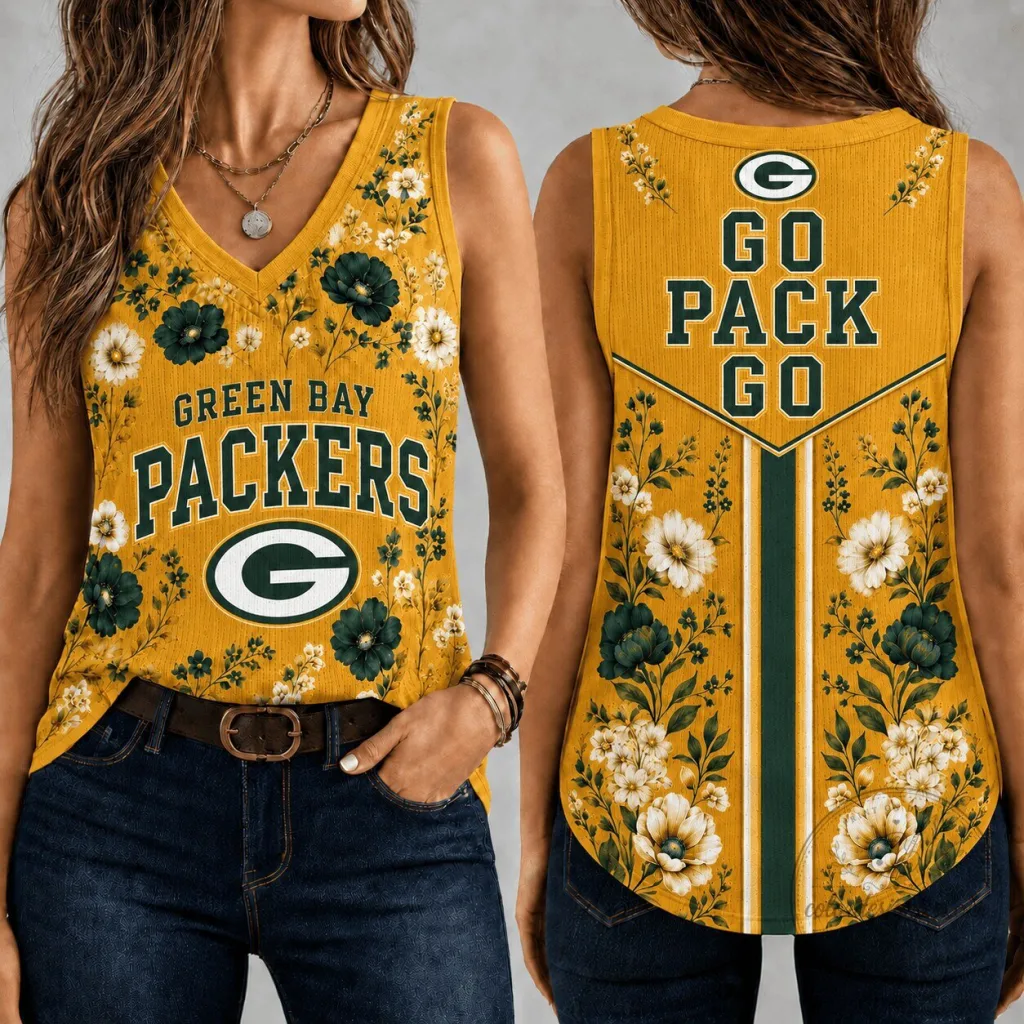 Green Bay Packers Floral Vintage Game Day Women's V-Neck Tank Top Green Bay Packers Floral Vintage Game Day Women's V-Neck Tank Top