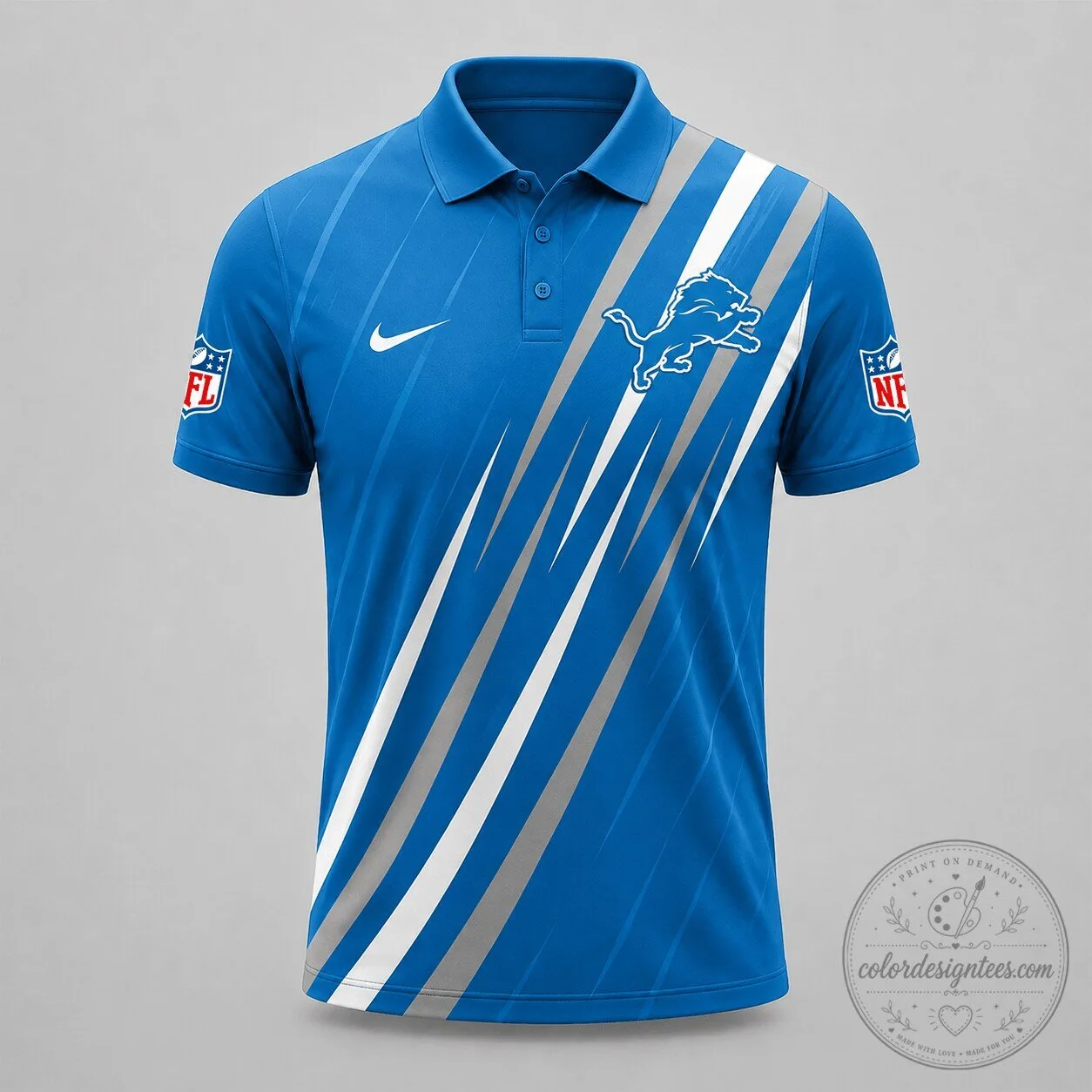 Detroit Lions NFL Blue Athletic Stripe Team Logo Polo Shirt