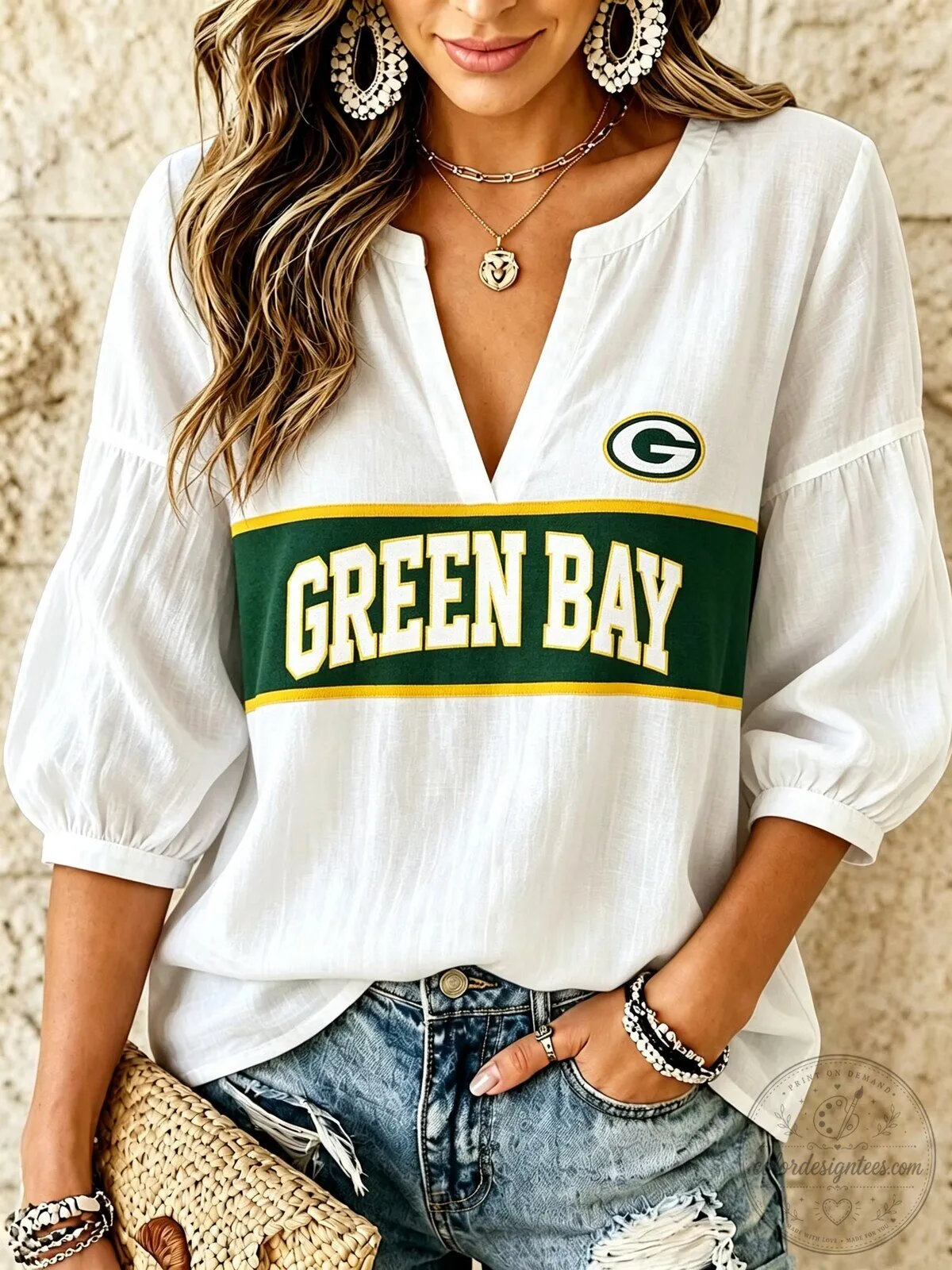 Green Bay Packers Game Day Apparel V-Neck Long Sleeve Shirt for Women