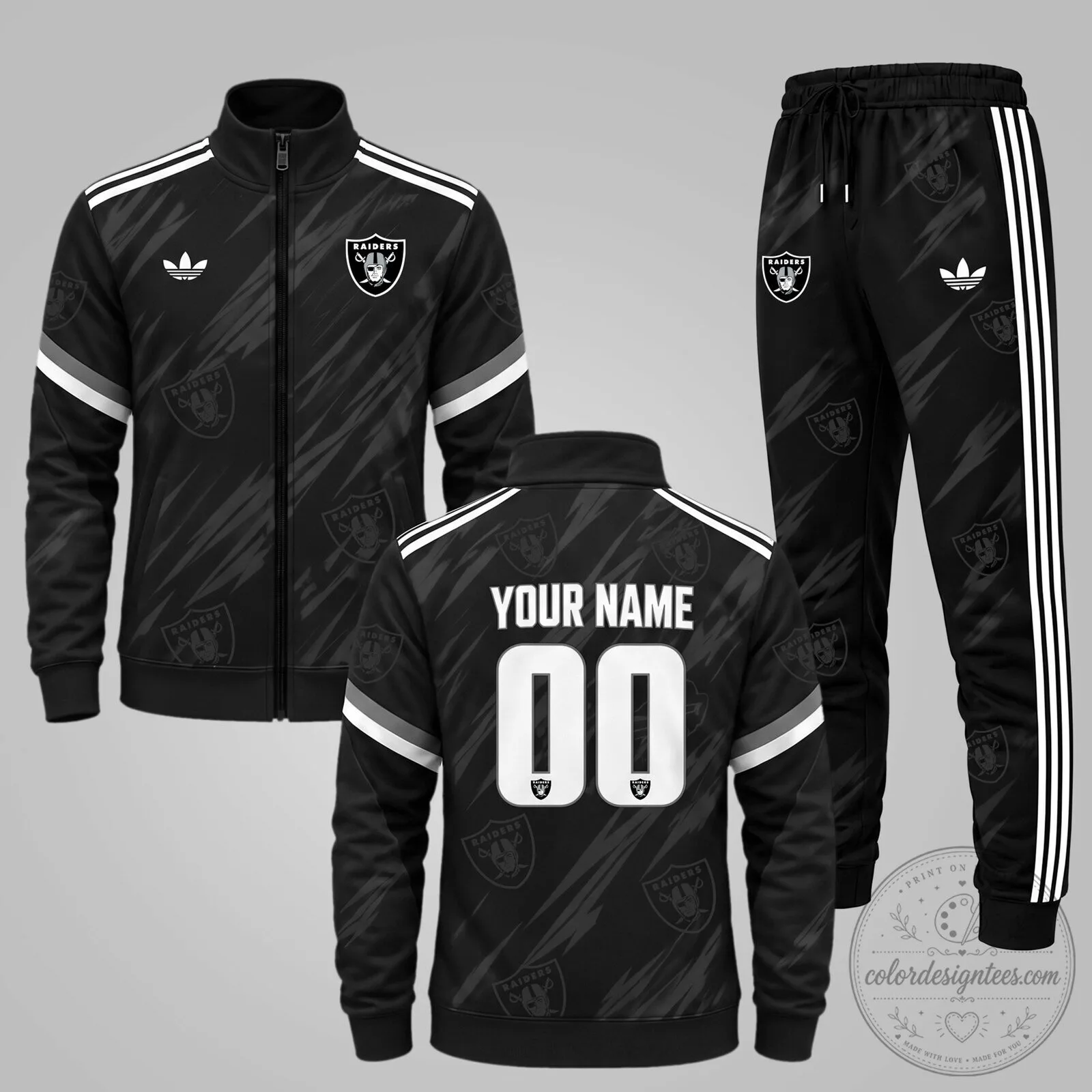 Las Vegas Raiders Personalized Black and White Striped Tracksuit Jacket and Pants Set