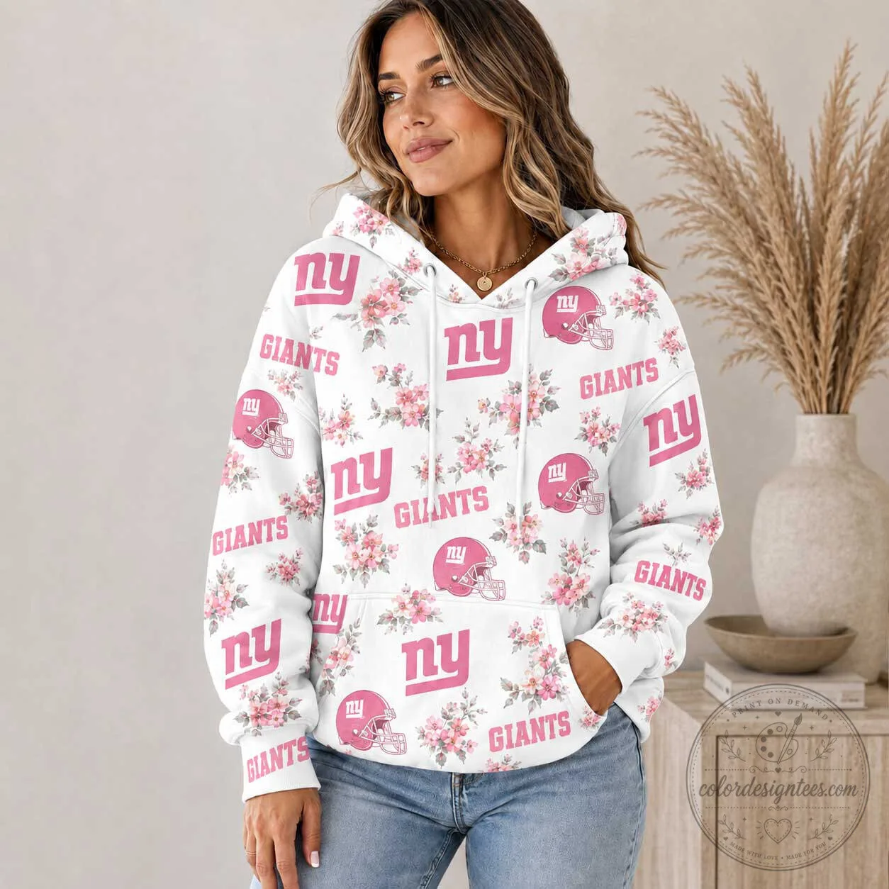 New York Giants Pink Floral Team Pride Hoodie for Women