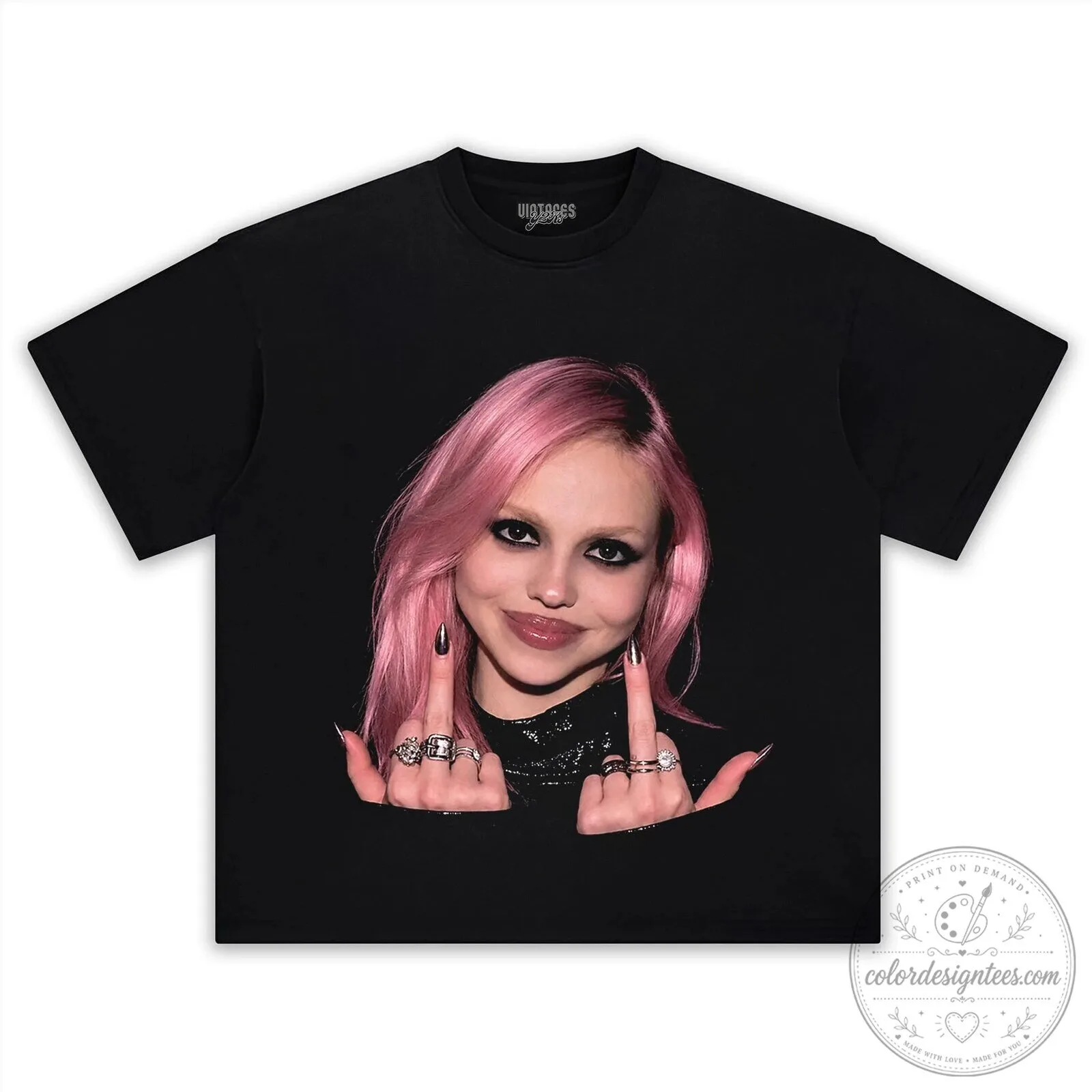 Adéla V2 Pink Hair Middle Finger Graphic Black T-Shirt