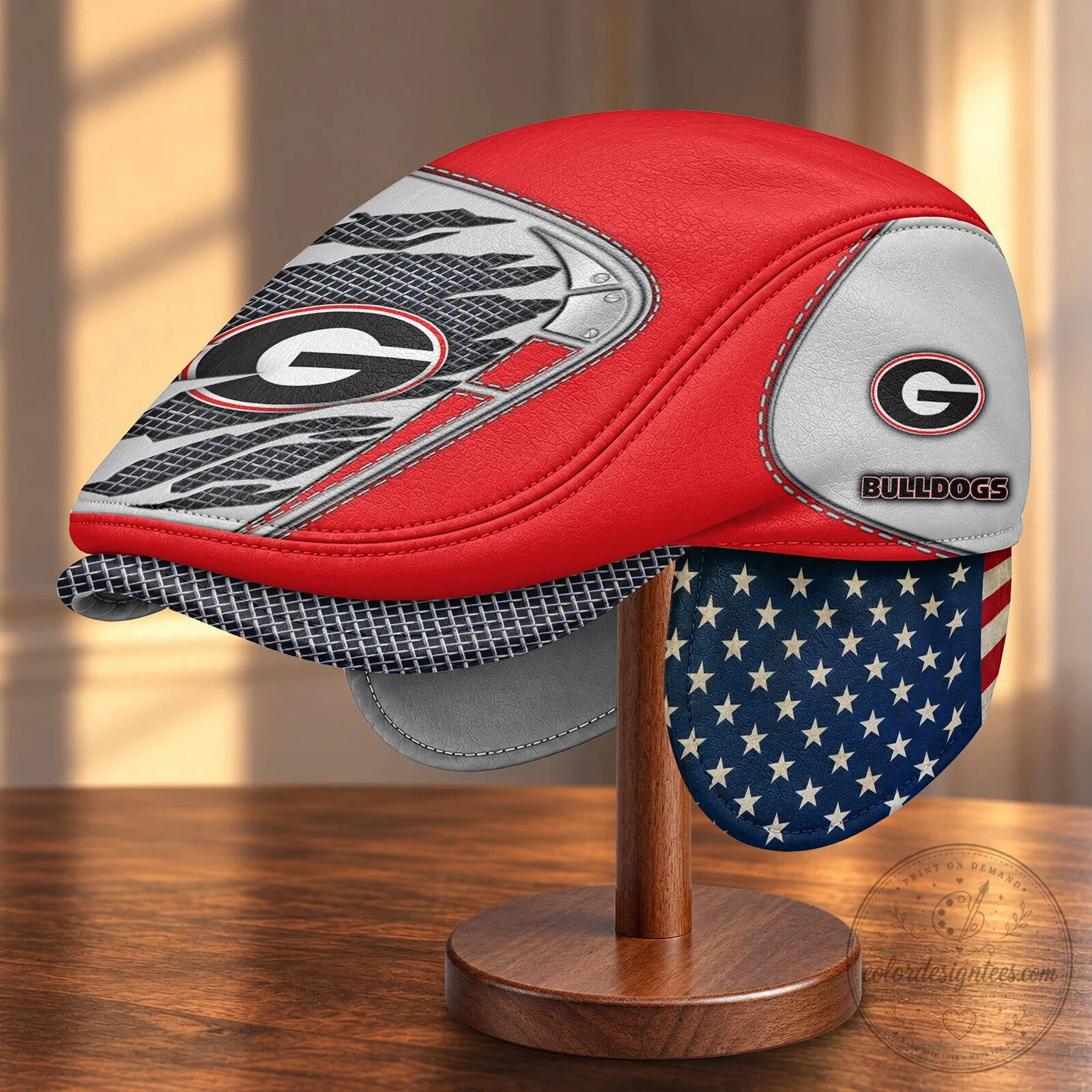 Georgia Bulldogs NCAA Flat Cap with Foldable Ear Flaps and American Flag Design