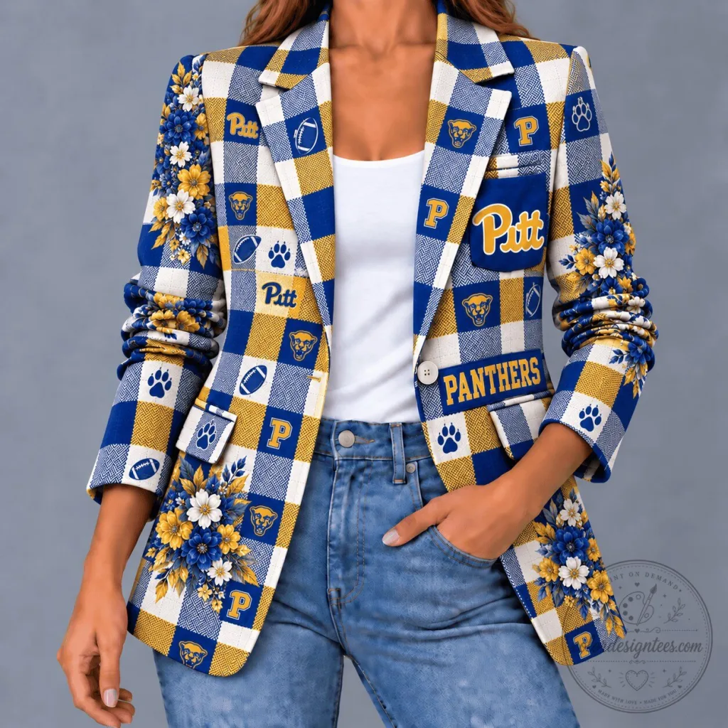 Pittsburgh Panthers Football Game Day Floral Plaid Women's Blazer Jacket Pittsburgh Panthers Football Game Day Floral Plaid Women's Blazer Jacket