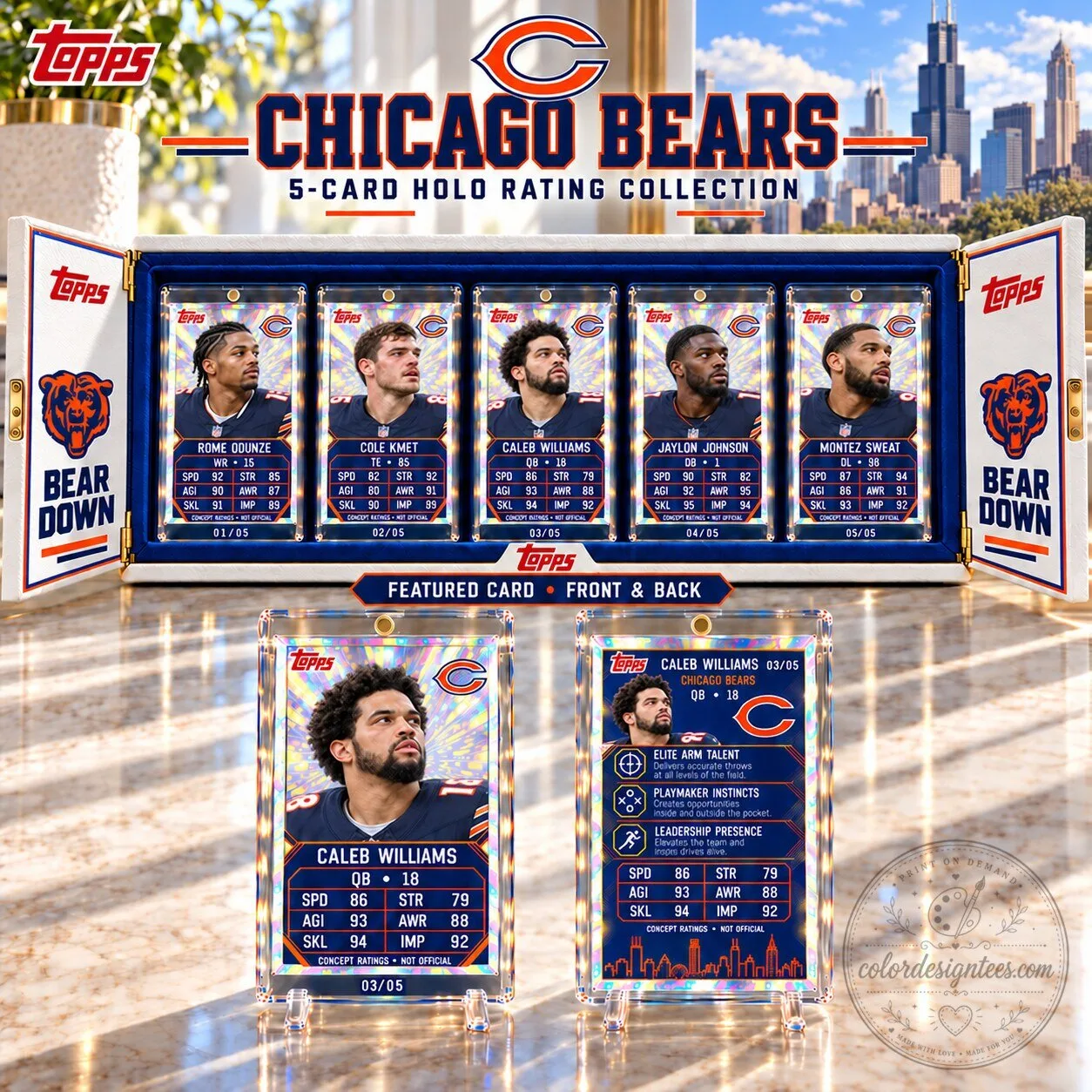 Chicago Bears 5-Card Holo Rating Collection Set with Caleb Williams Rookie Card