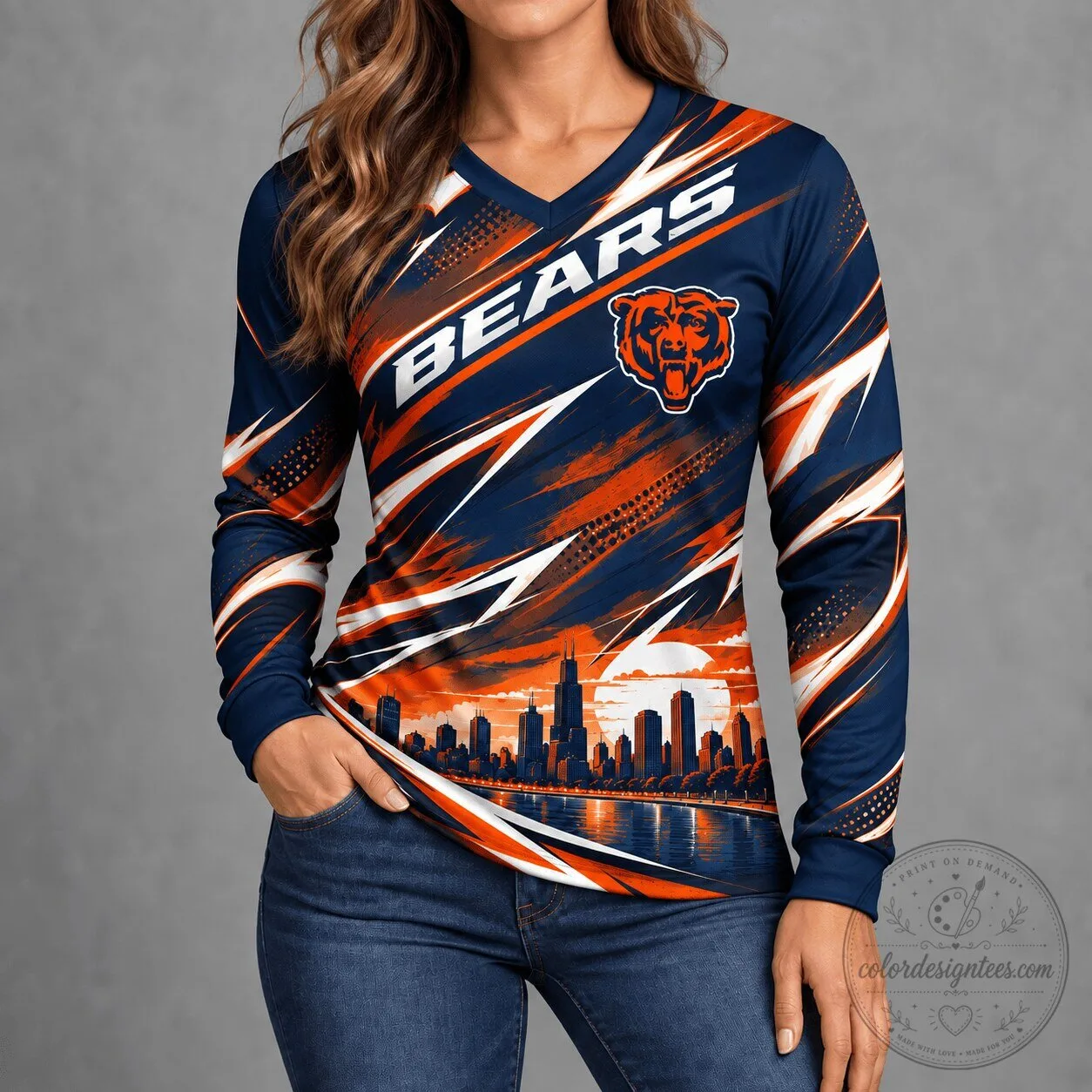Chicago Bears City Horizon Skyline Graphic Print Long-Sleeve V-Neck Shirt