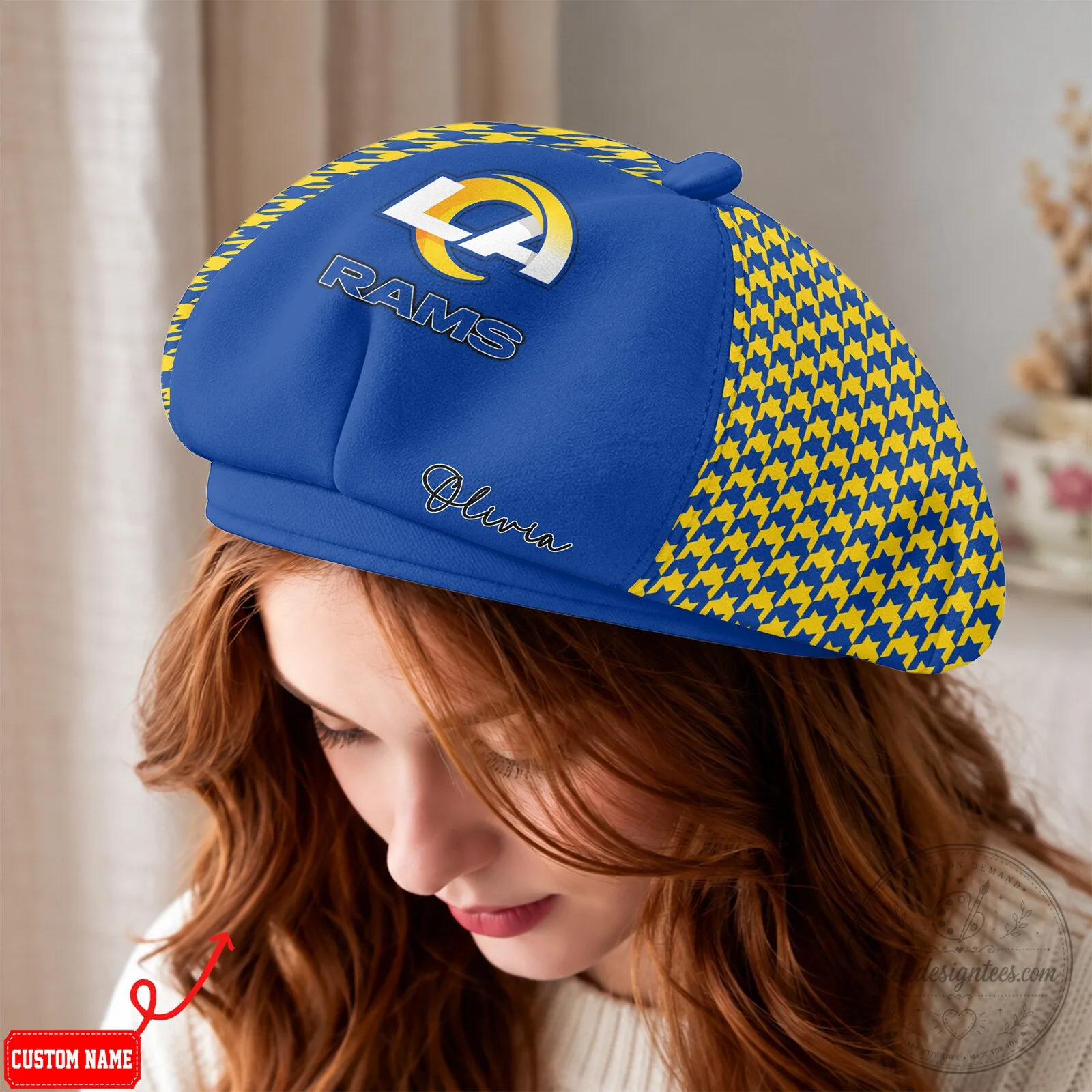 Los Angeles Rams Football Team Blue and Yellow Houndstooth Beret Hat