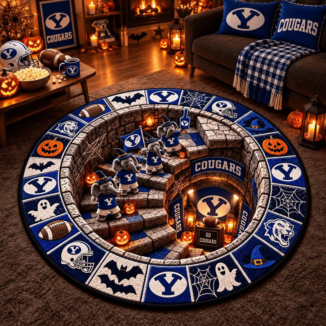 BYU Cougars Halloween College Football Fan Round Rug
