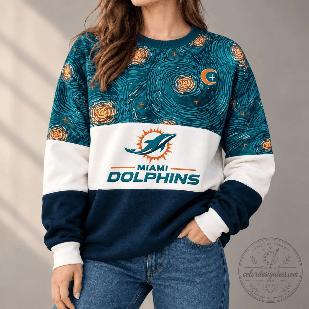 Miami Dolphins NFL Team Color Starry Night Series Crewneck Sweatshirt
