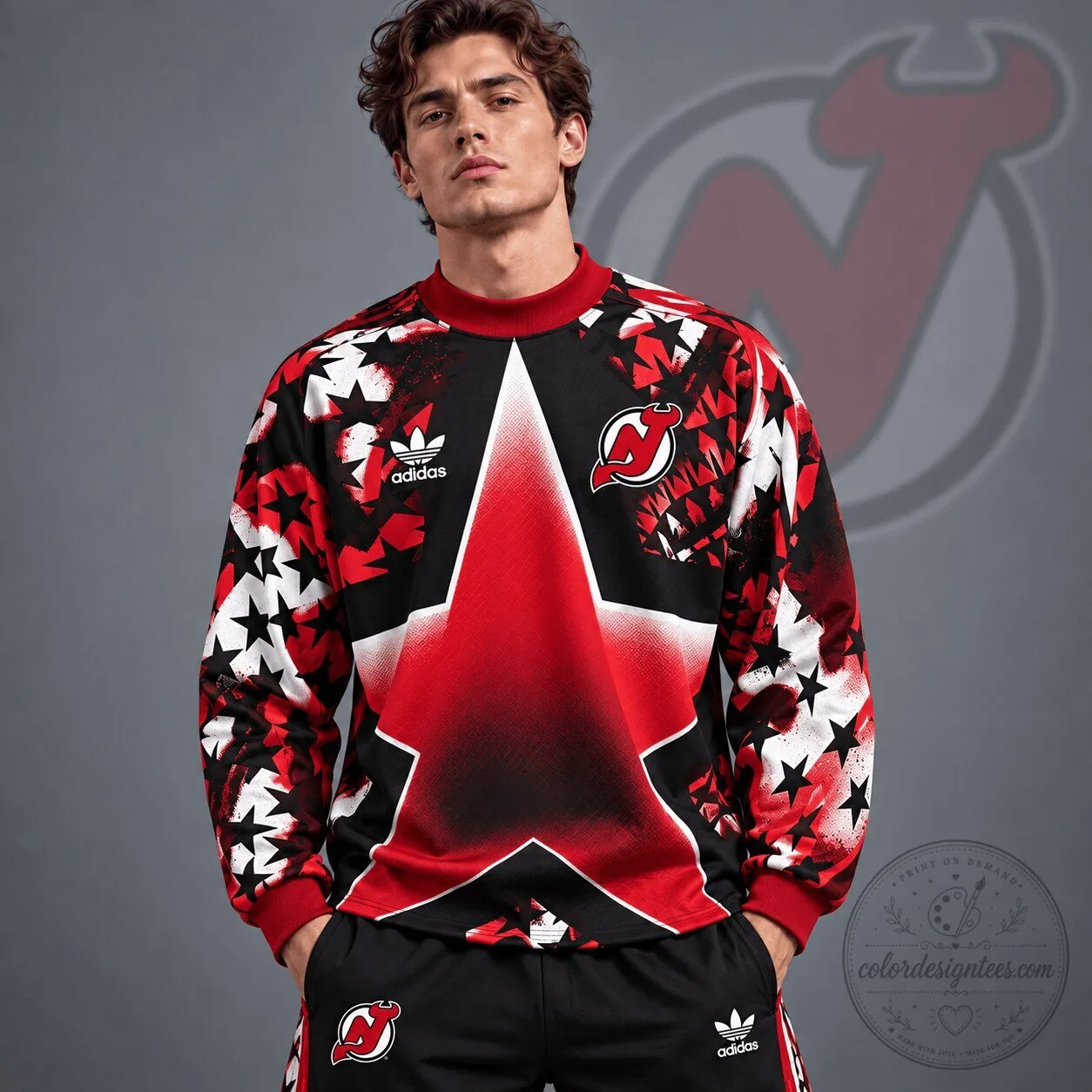 New Jersey Devils NHL Starburst All Over Print Crewneck Sweatshirt