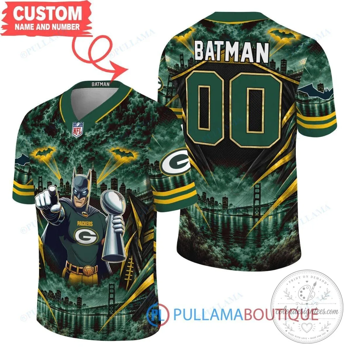 Green Bay Packers Batman Trophy Custom Football Jersey 2 Green Bay Packers Batman Trophy Custom Football Jersey