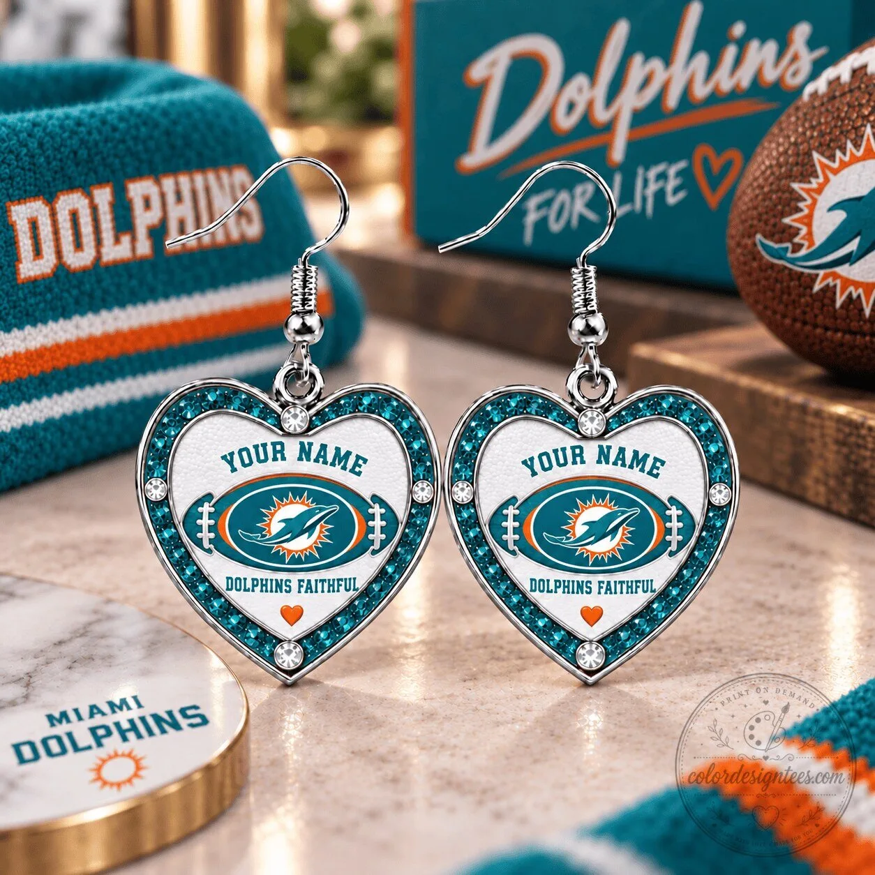 Miami Dolphins Personalized Heart Dangle Earrings with Custom Name