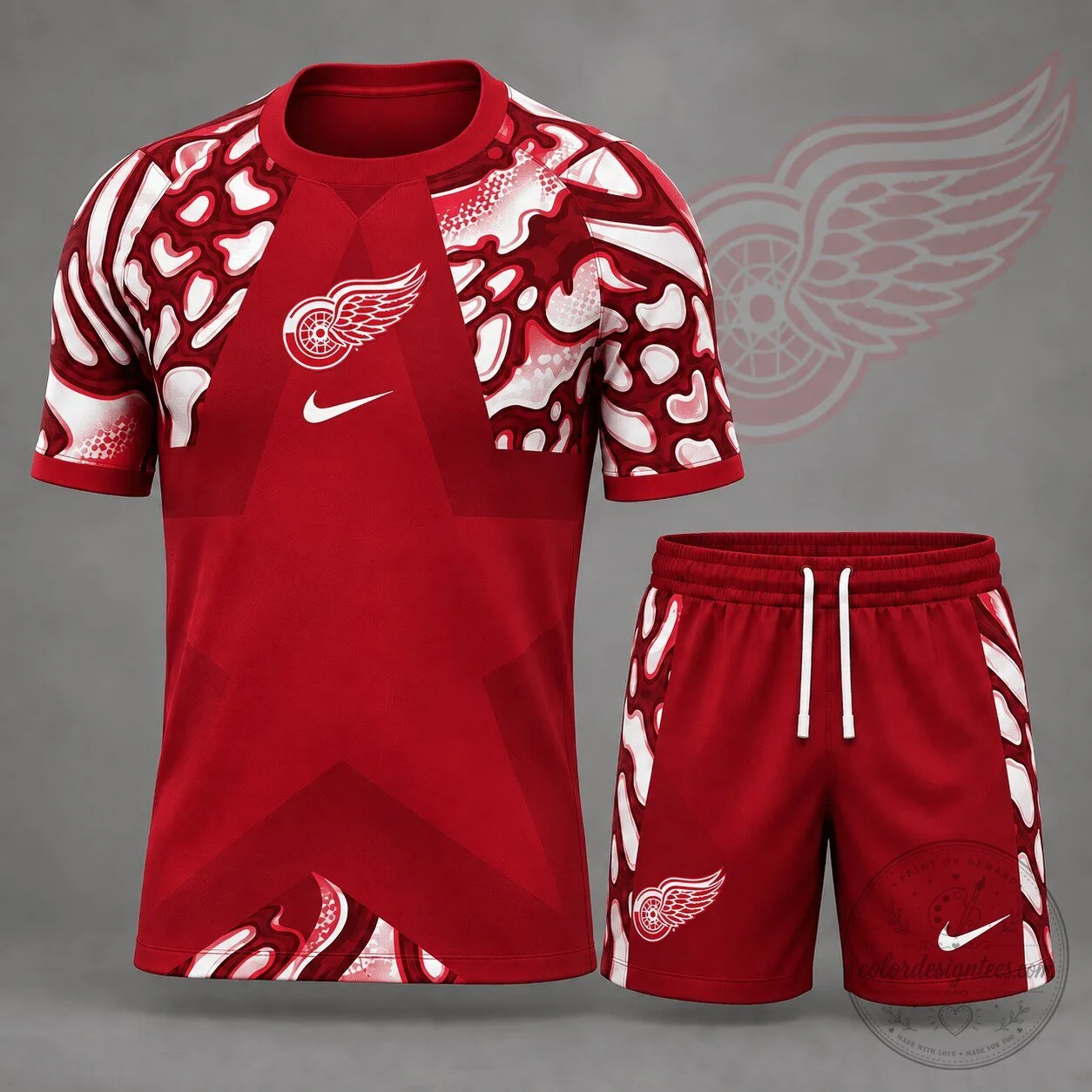Detroit Red Wings Premium NHL Abstract Camo Star Panel Hockey Jersey and Shorts Set