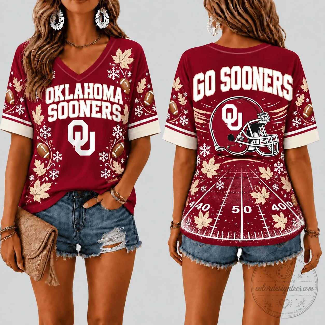 Oklahoma Sooners Football Team Fall Season V-Neck T-Shirt for Women