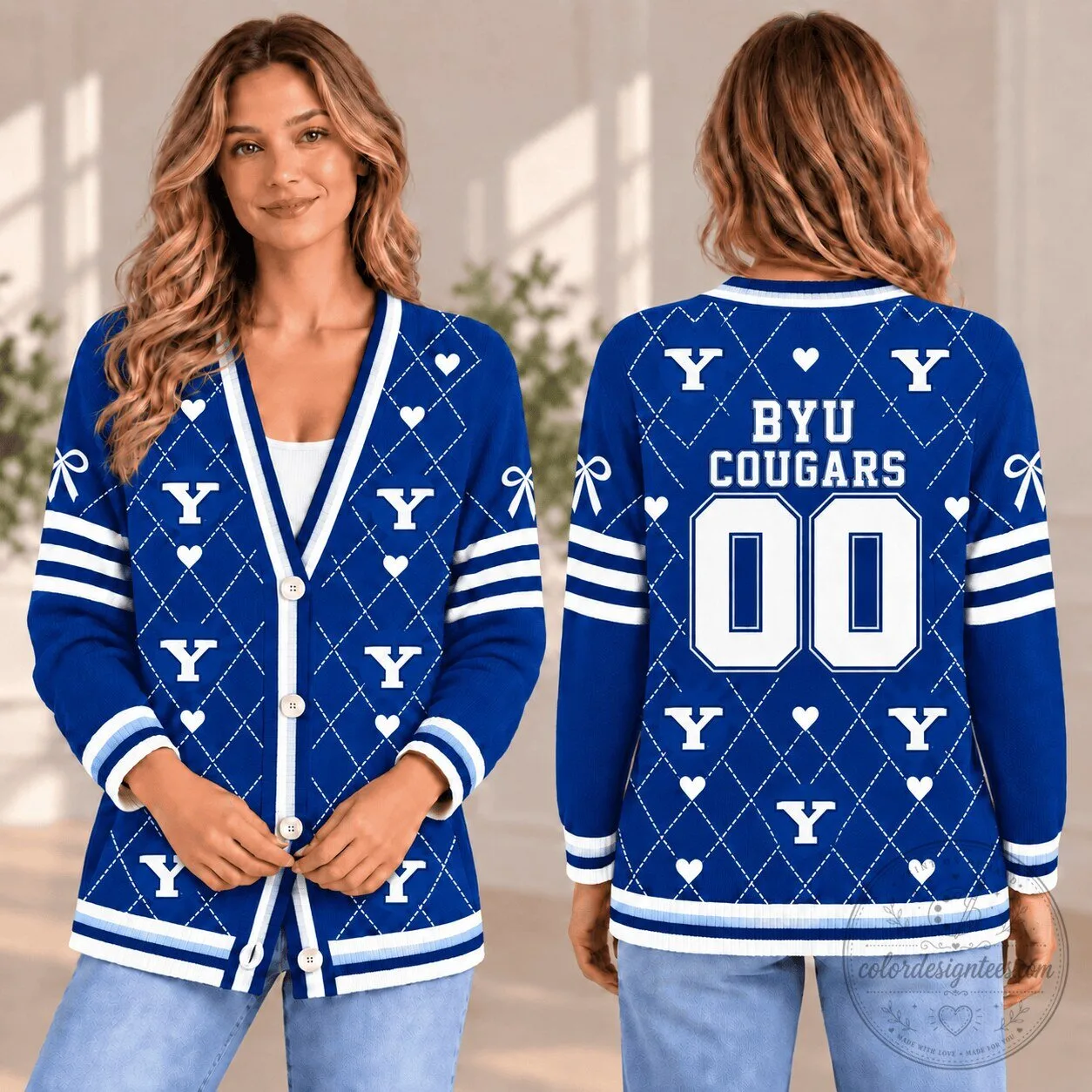 BYU Cougars Women's Personalized Blue Argyle Pattern Cardigan Sweater 2 BYU Cougars Women's Personalized Blue Argyle Pattern Cardigan Sweater