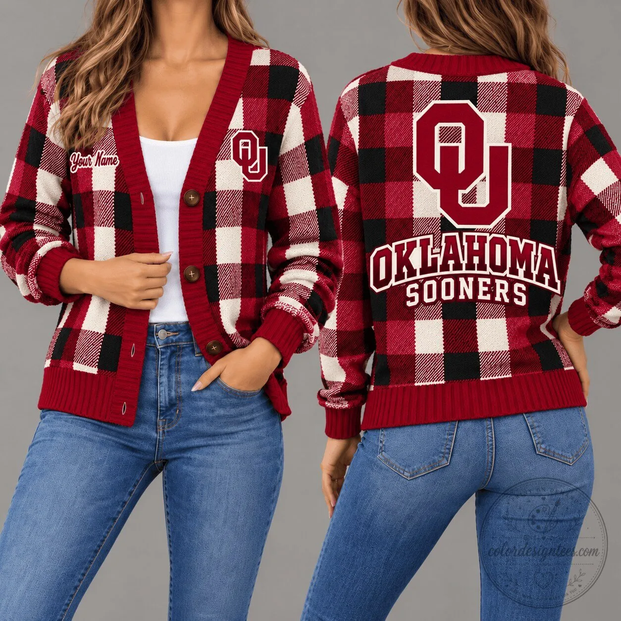 Oklahoma Sooners Plaid Pattern Personalized Name Cardigan Sweater 5 Oklahoma Sooners Plaid Pattern Personalized Name Cardigan Sweater