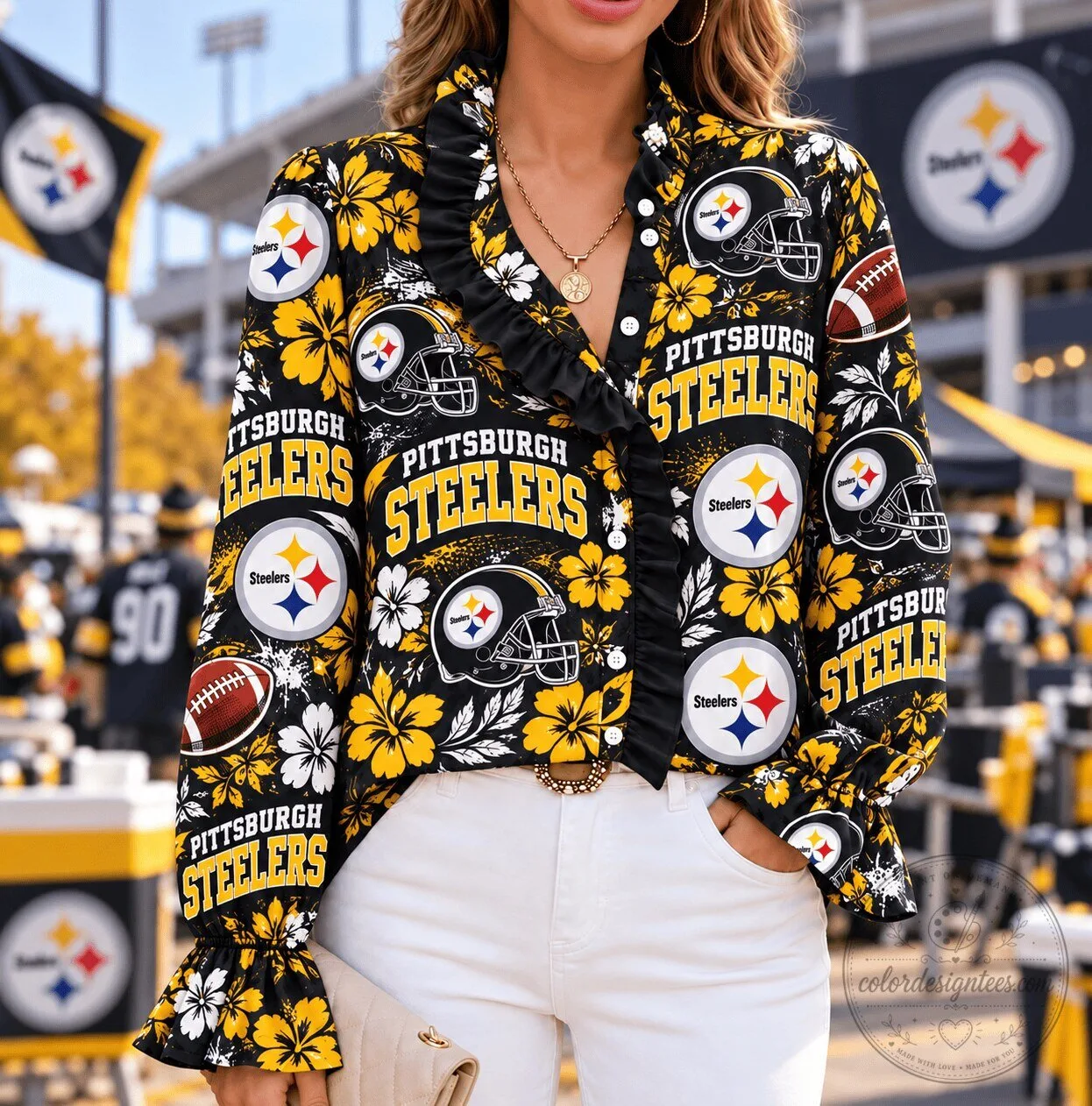 Pittsburgh Steelers Floral Pattern Ruffle Button Down Shirt