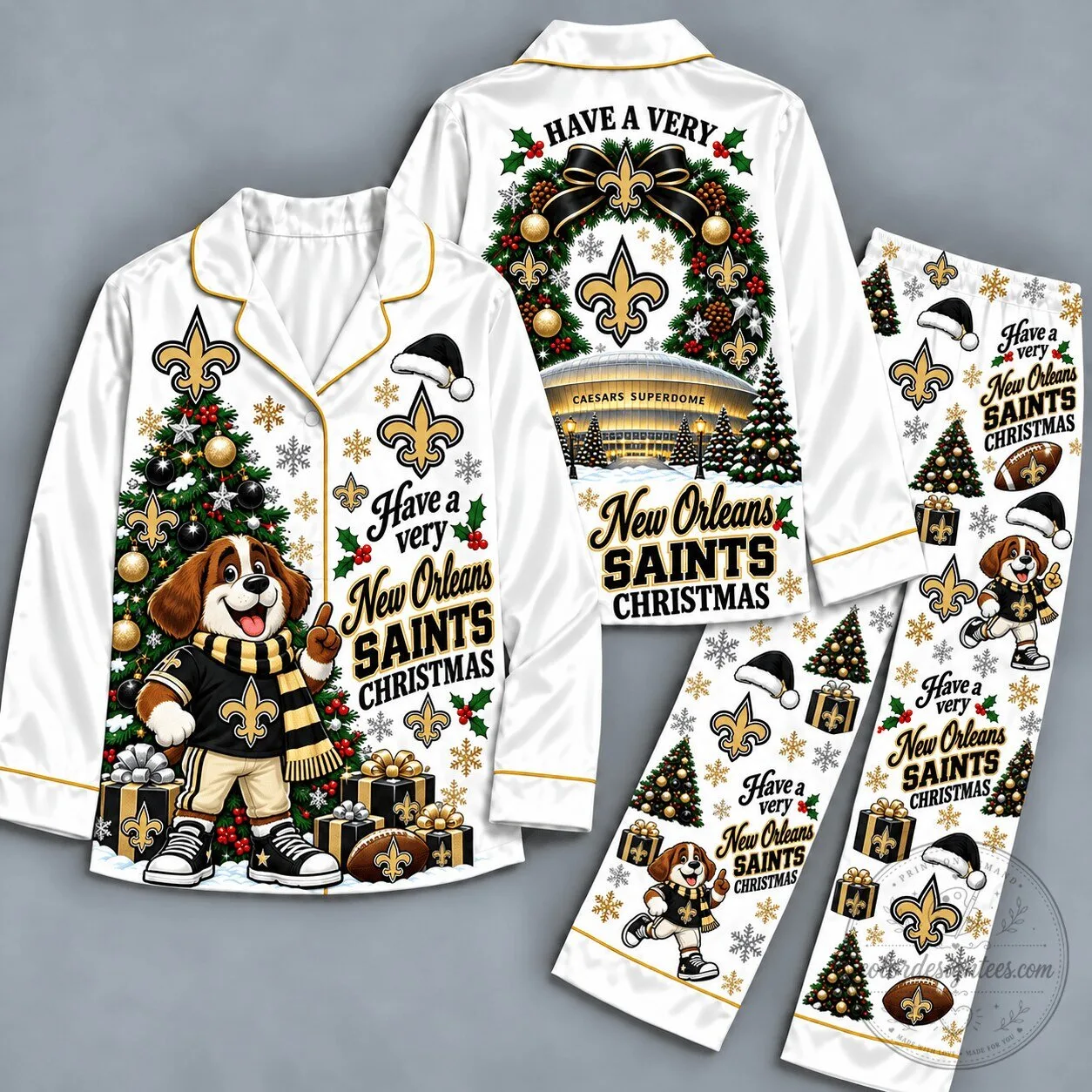 New Orleans Saints Christmas Dog and Tree Matching Family Pajamas Set