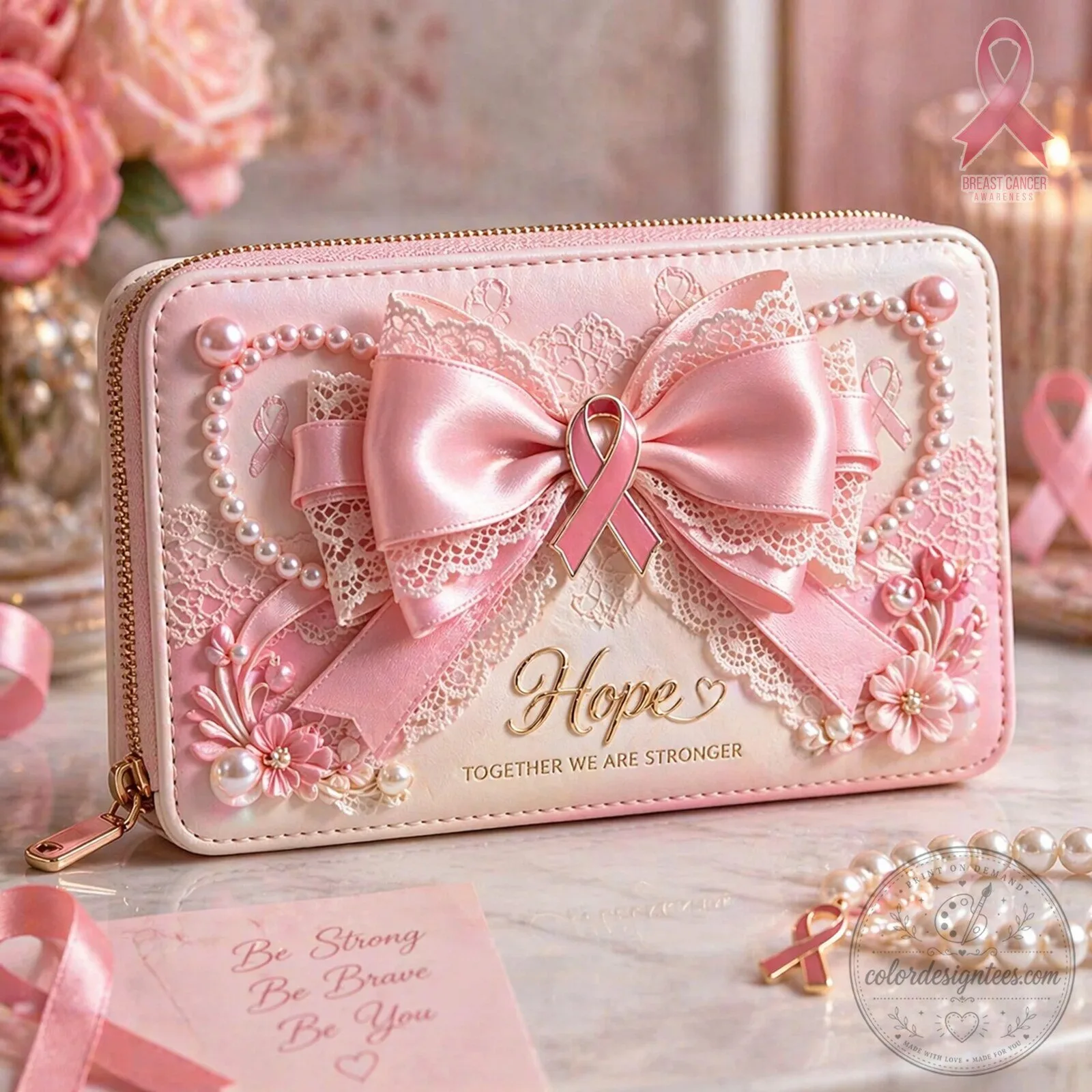Breast Cancer Awareness Hope Pink Ribbon Pearl Bow Women's Wallet