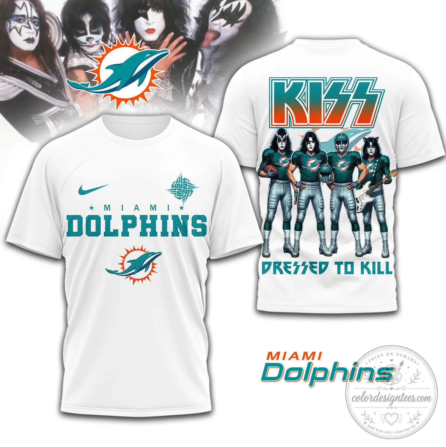 Miami Dolphins Kiss Band Dressed To Kill Football T-Shirt