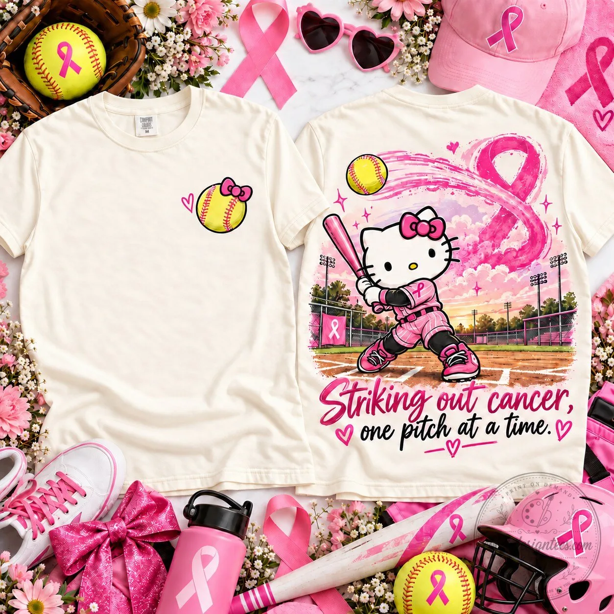 Hello Kitty Breast Cancer Awareness Softball Striking Out Cancer T-Shirt