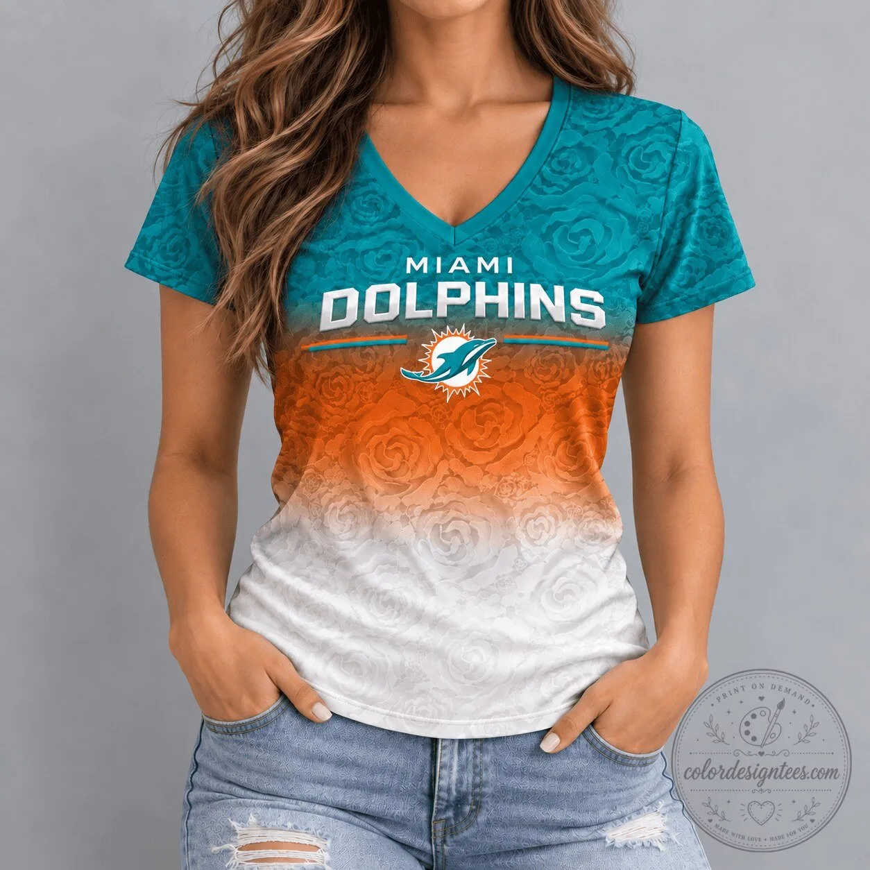 Miami Dolphins Rose Ombre Pattern Women's V-Neck Short Sleeve T-Shirt