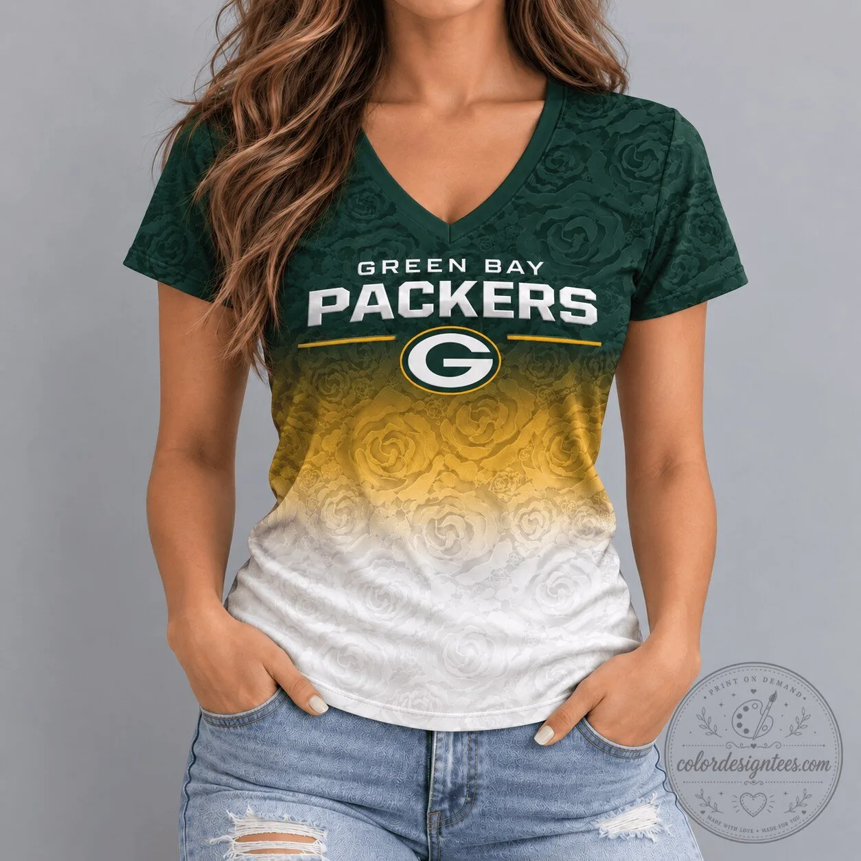 Green Bay Packers Rose Ombre Pattern Women's V-Neck T-Shirt