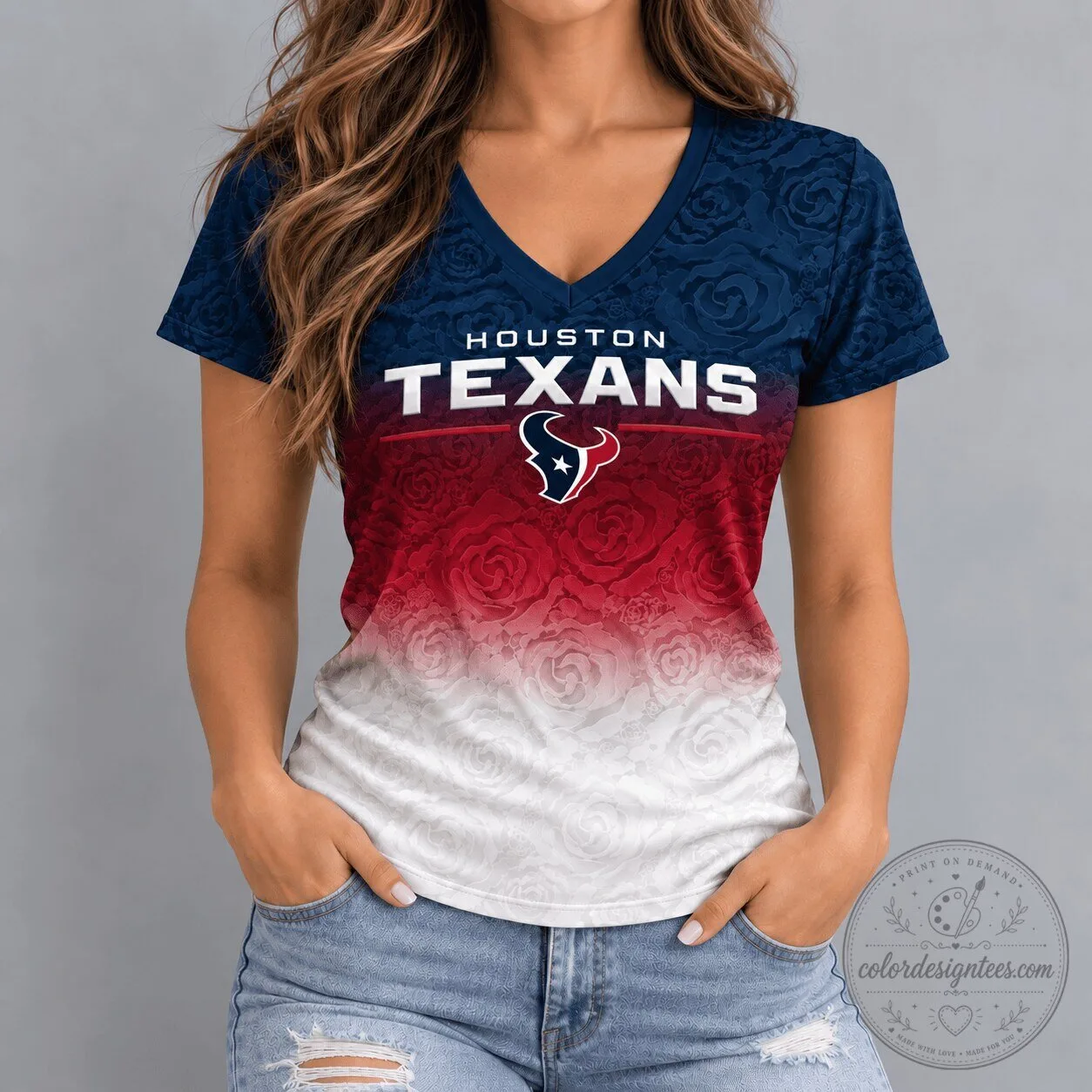 Houston Texans NFL Rose Ombre V-Neck Women's T-Shirt