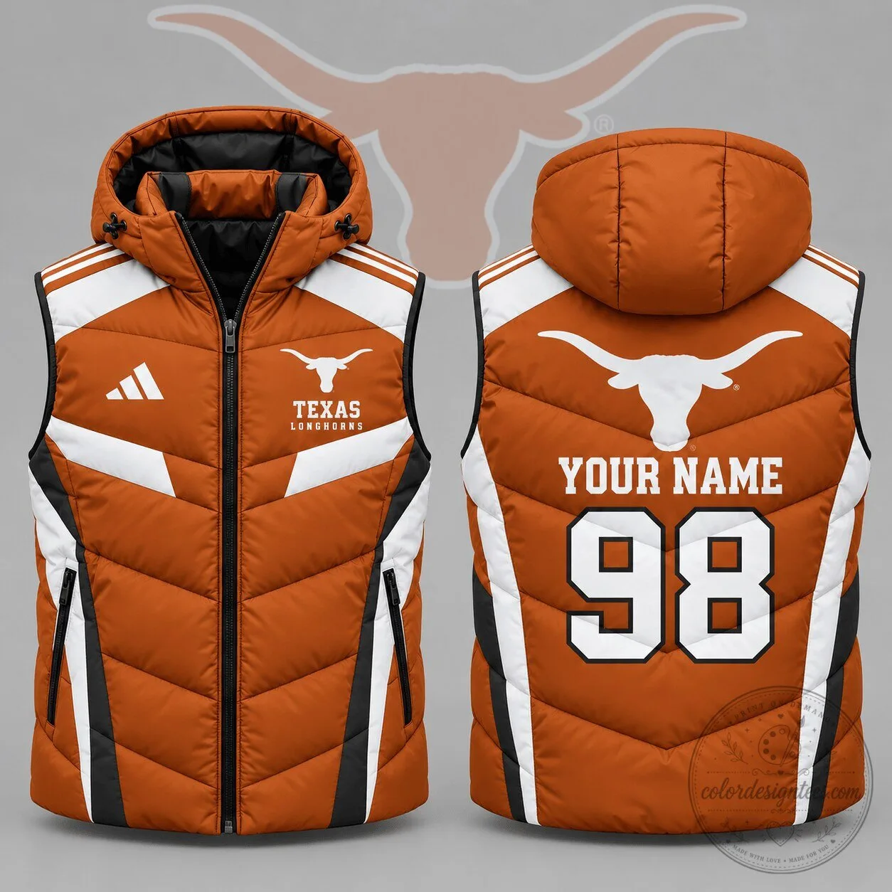 Texas Longhorns Personalized Team Spirit Hooded Puffer Vest 1 Texas Longhorns Personalized Team Spirit Hooded Puffer Vest